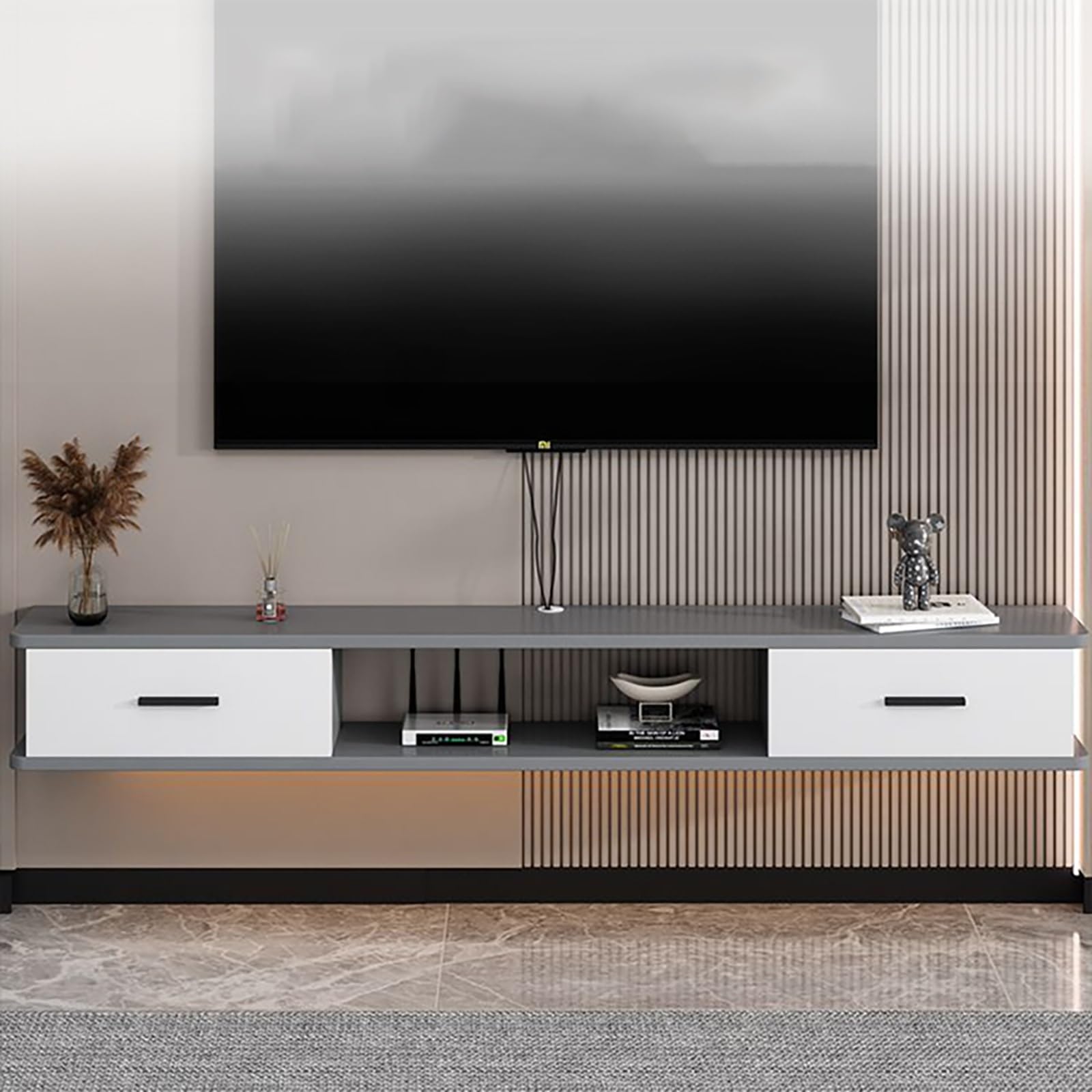Mobile TV Sospeso, Console Multimediale A Parete, Mobile Porta TV In Legno Con Ante A Ribalta E Cassetti, Mobiletto TV Per Lettore DVD, Decoder, Console Per Videogiochi(Gray white,200x22x20cm)