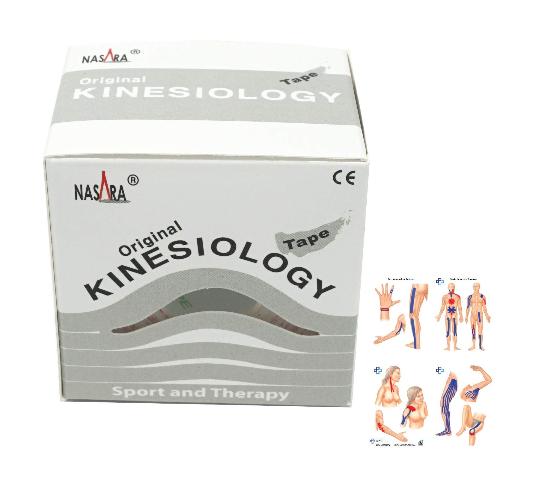 ATC Handels GmbH Nasara - Cinta de kinesiología (5 m x 5 cm, 6 unidades, incluye instrucciones con técnicas de pegado, resistente al agua y transpirable), color blanco