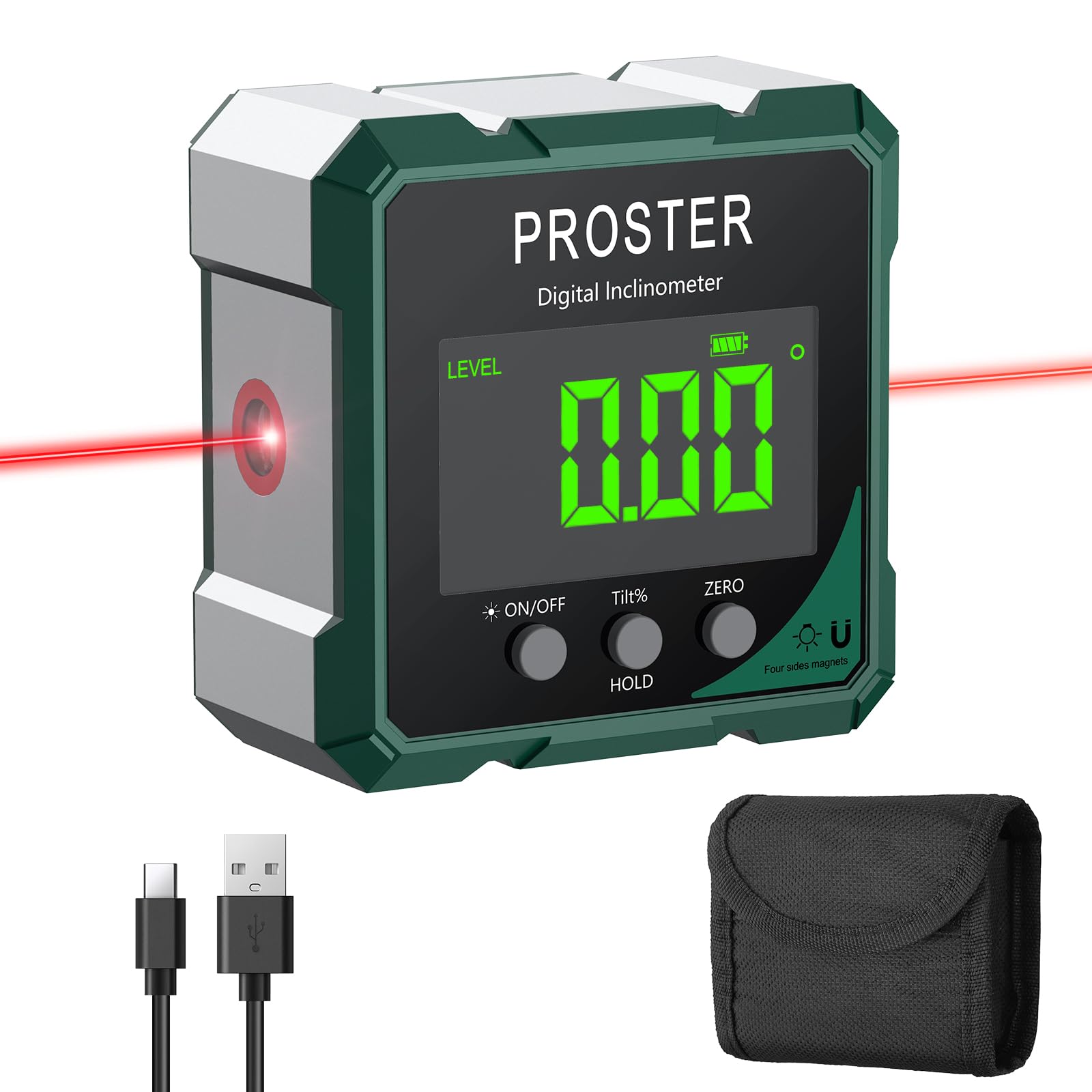 Proster Digitaler Laser- Neigungsmesser Winkelmesser Digital Wasserwaage Laser Winkelmesser - Präzise Magnetisch Wiederaufladbar LCD Display Messgerät für Bau Holz Tischler Werkstatt Profi