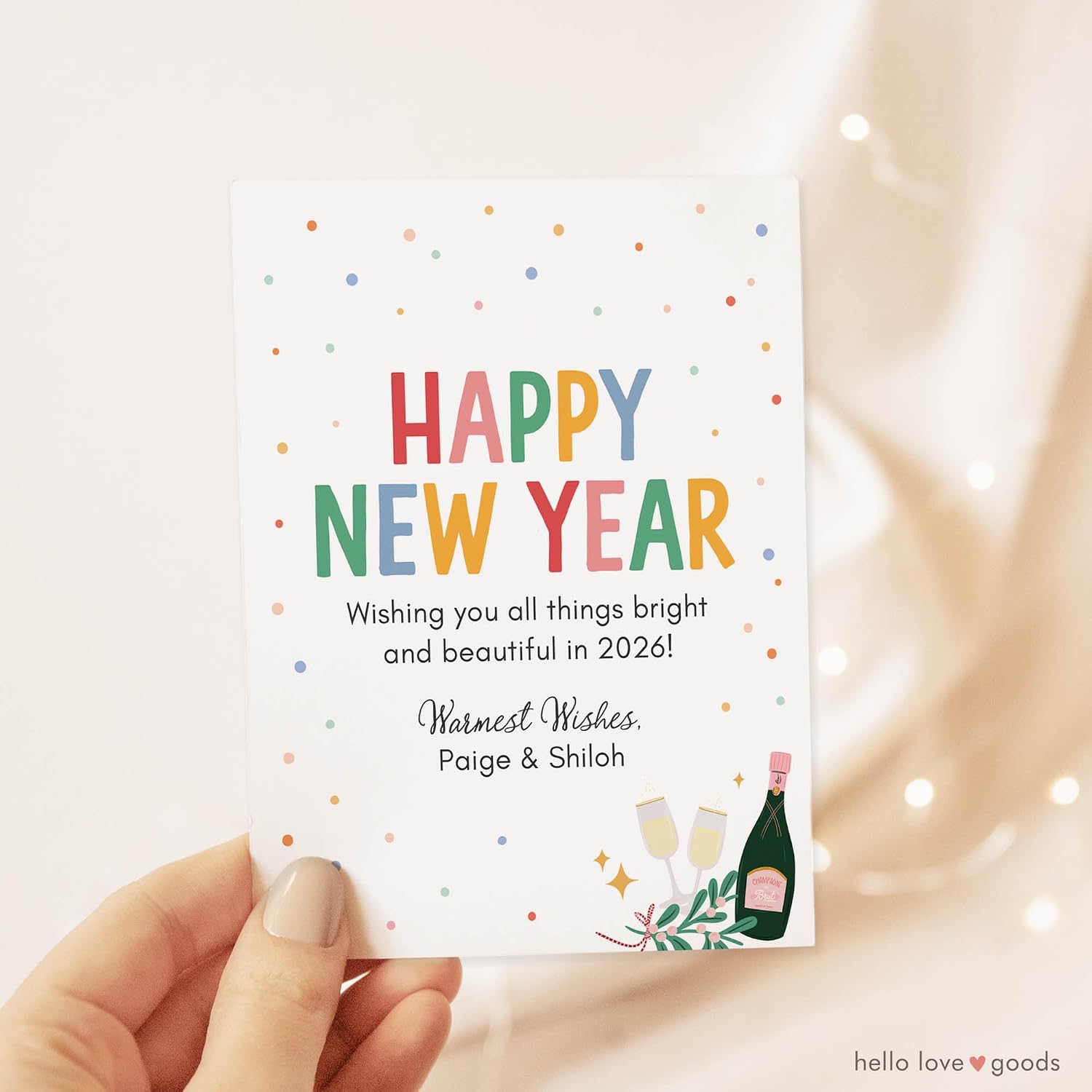 Happy New Year 2026 FLAT Notecards 4.25x5.5 Personalized Champagne New Year's Eve Holiday Cards with Envelopes