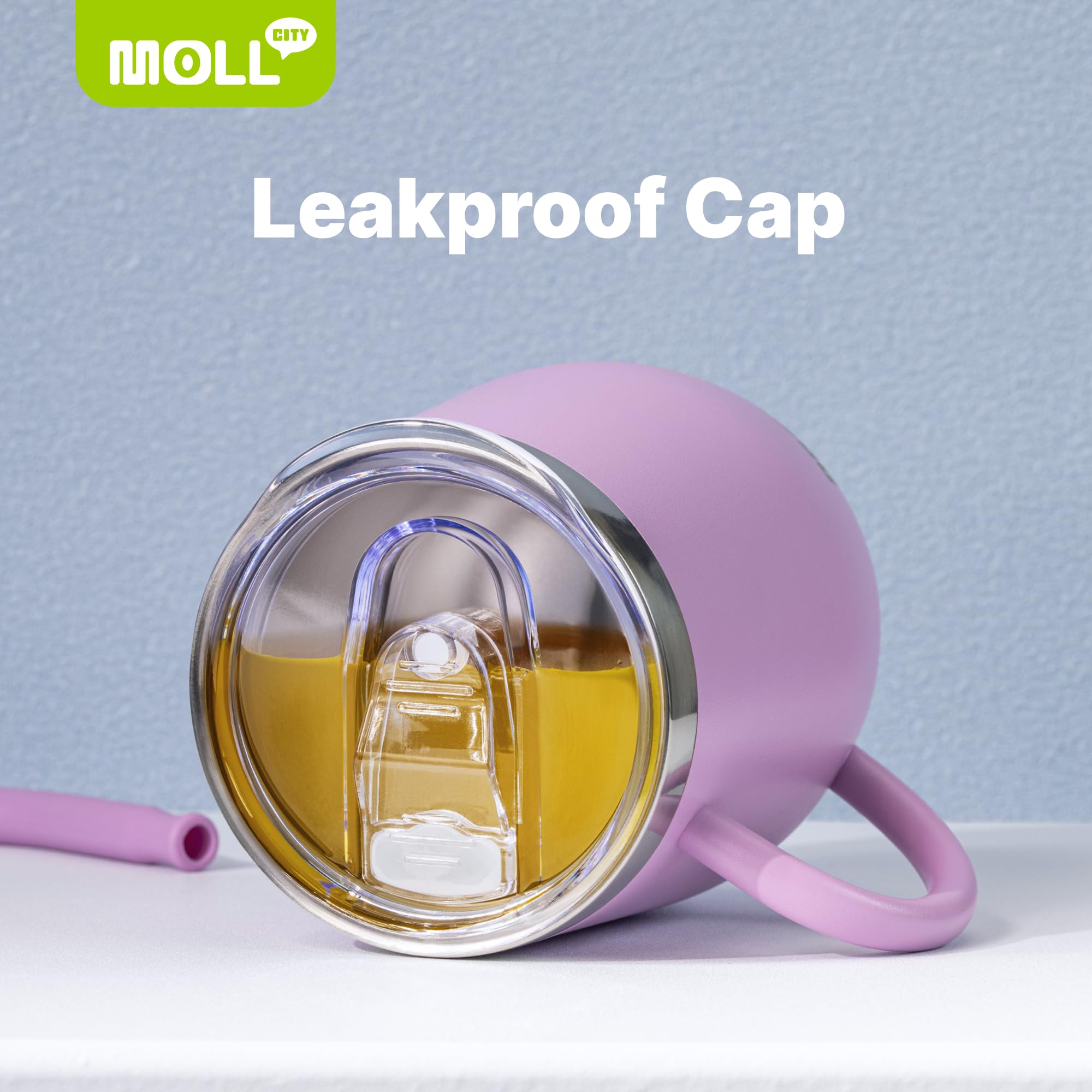 Vaso de 12 onzas con asa y popote, paquete de 2 vasos de acero inoxidable con aislamiento al vacío de doble pared con tapa, reutilizable, a prueba de fugas y sin BPA (morado-rosa intenso)