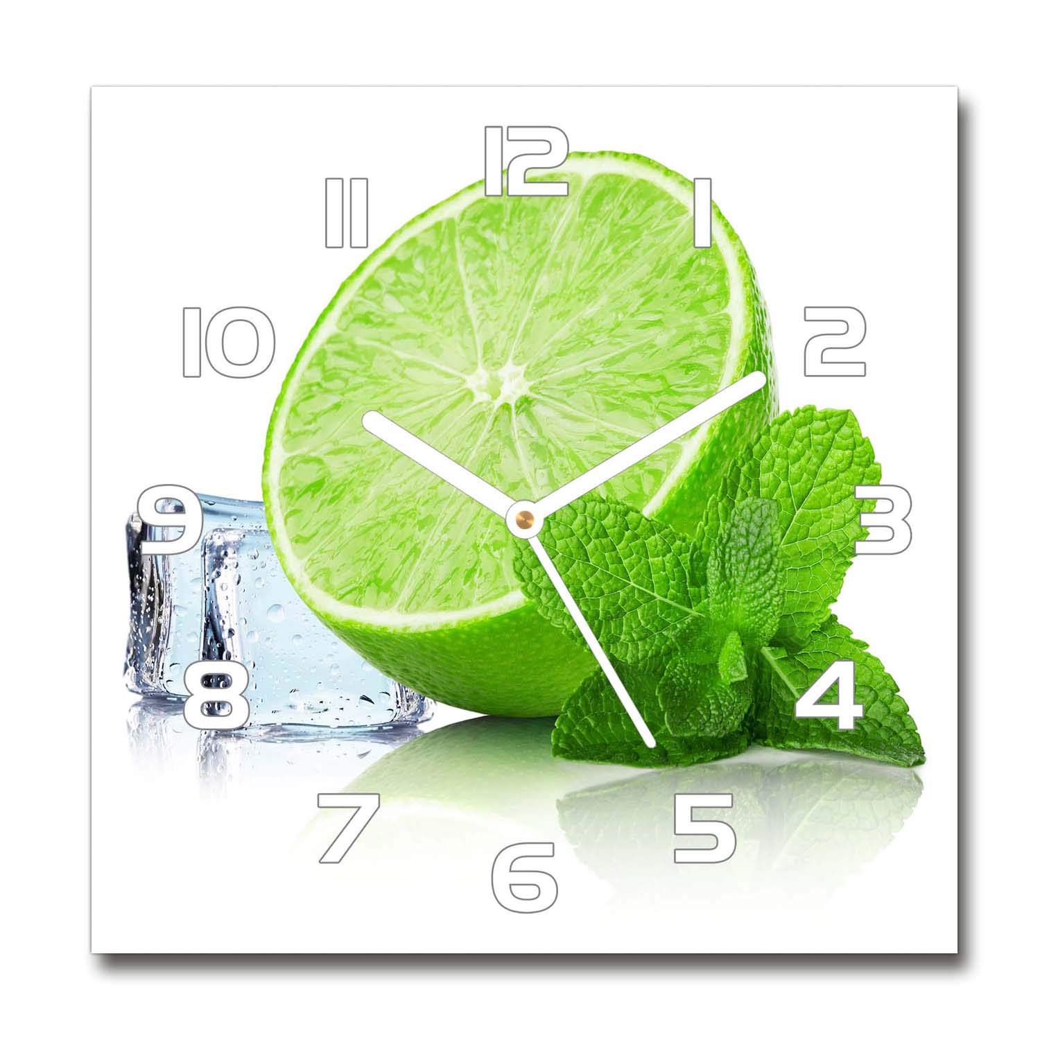 Horloge en verre 30x30cm citron vert avec de la glace à aiguilles blanches