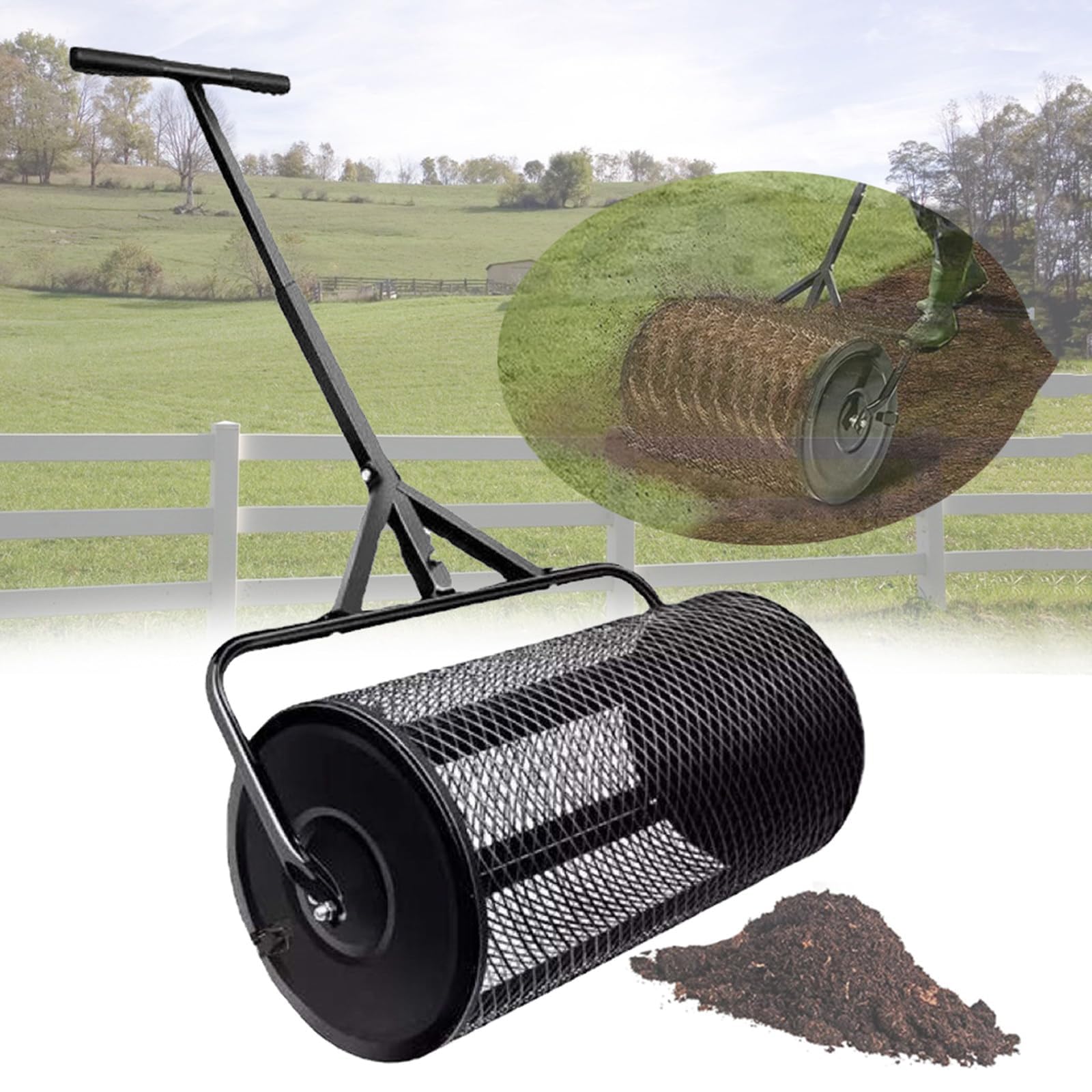 Esparcidor de abono de 24 pulgadas, esparcidor de césped con ruedas, esparcidor de semillas de musgo de turba multiusos con mango ajustable, para aderezo de abono, suciedad, mantillo, fertilizante, su