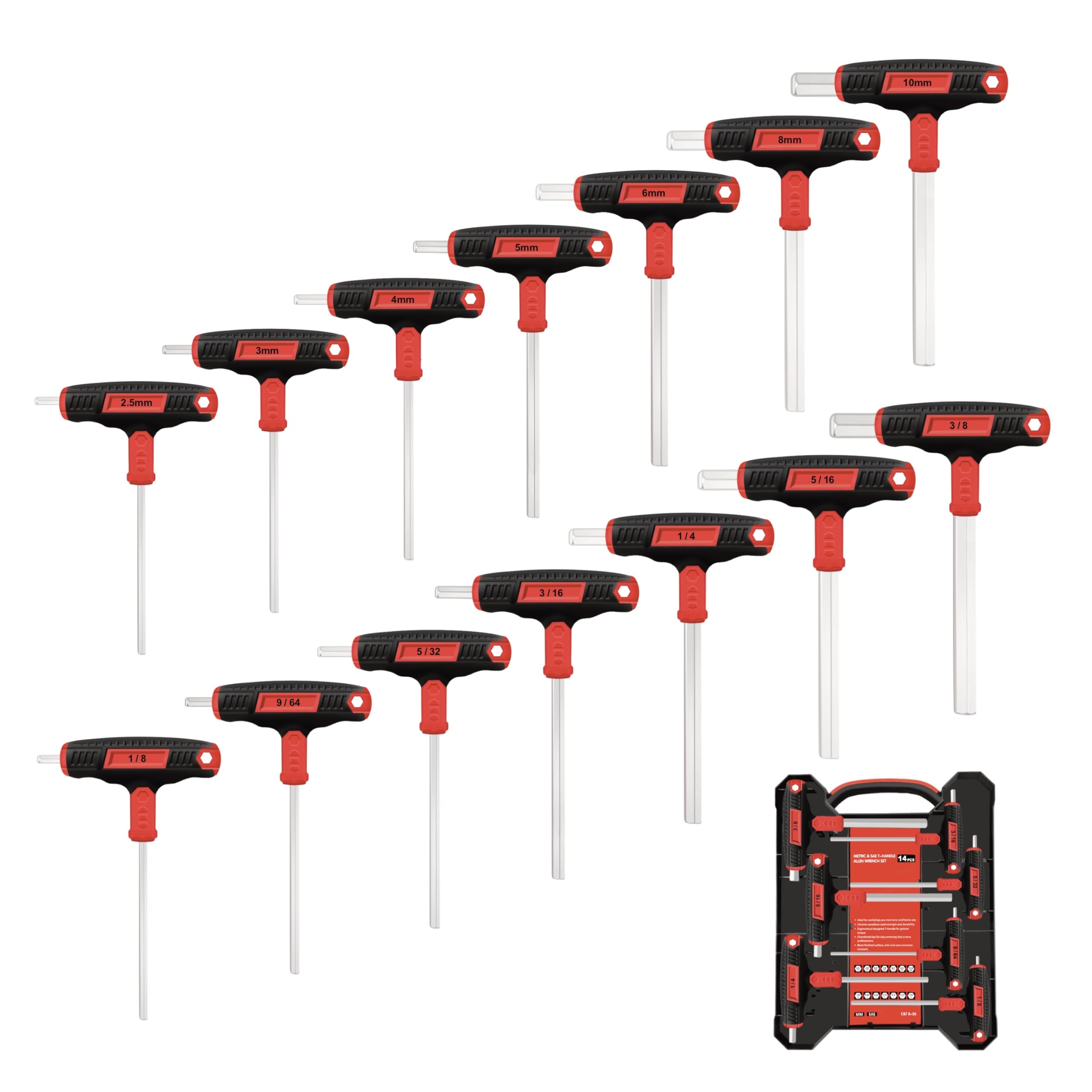 C&T 14-Piece T-Handle Allen Wrench Set, Metric & SAE, Long Arm Hex Keys with Storage Box – Professional Tool for DIY, Auto & Bike Repair, Home Repair