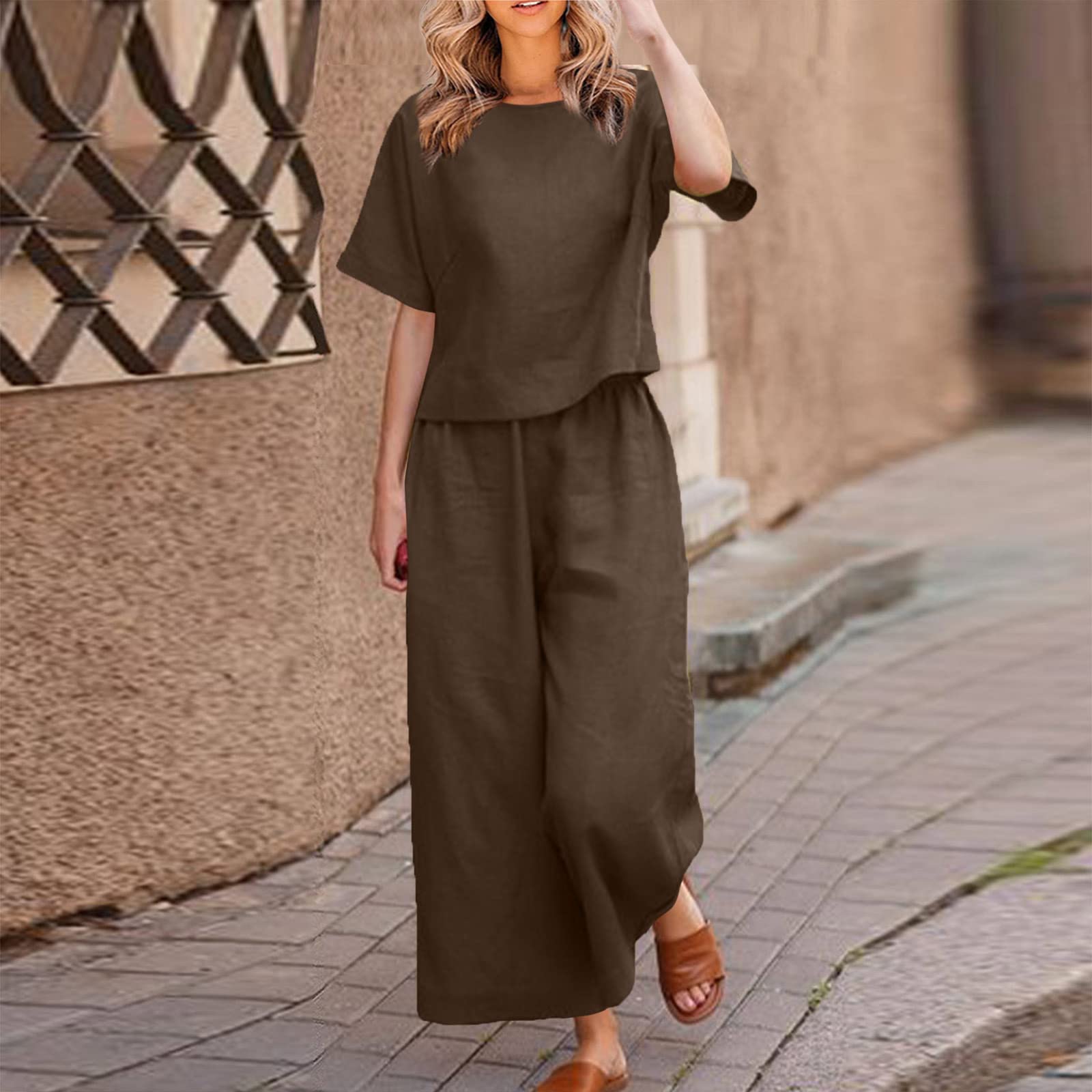 Womens 2 Piece Outfits Summer Linen Sets Short Sleeve V Neck Cropped Top Wide Leg Capris Pants Beach Lounge Sets - 3