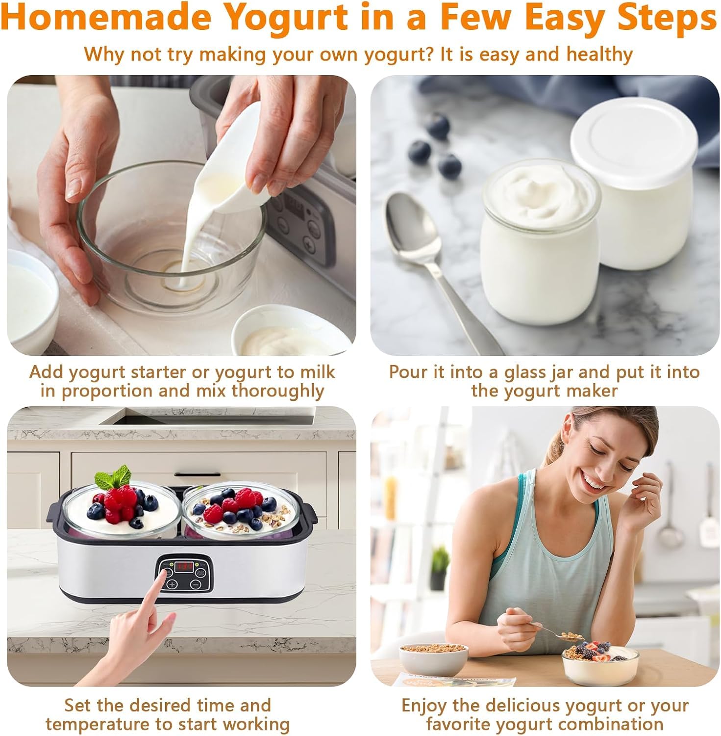 Yogurtera Automática De 2000 Ml - Yogurtera Eléctrica Con 2 Tarros De Vidrio, Temperatura Ajustable Y Temporizador De 48 Horas, Pantalla Led, Fabricada En Acero Inoxidable Para Uso Doméstico.