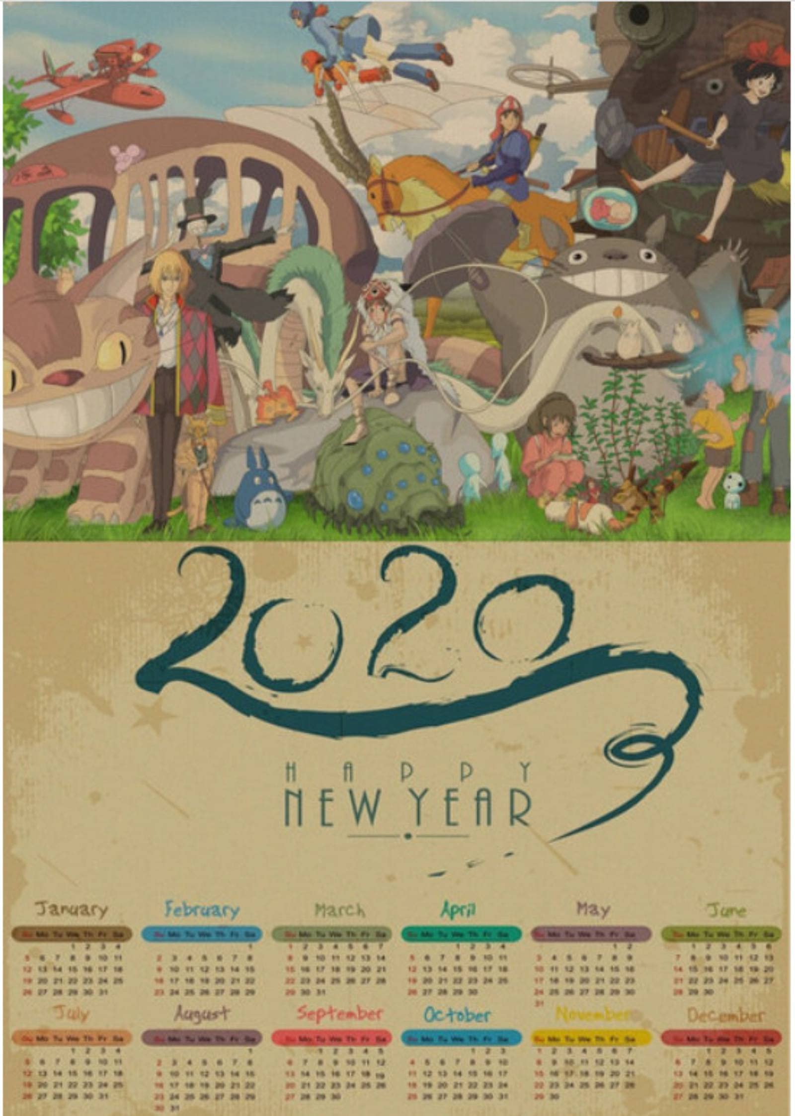 ZHAOYU Poster Spirited Away/Princess Mononoke/Sky City/Miyazaki Film 2020 Calendar Poster Cartoon Wall Sticker50*70Cm Waterproof Durable