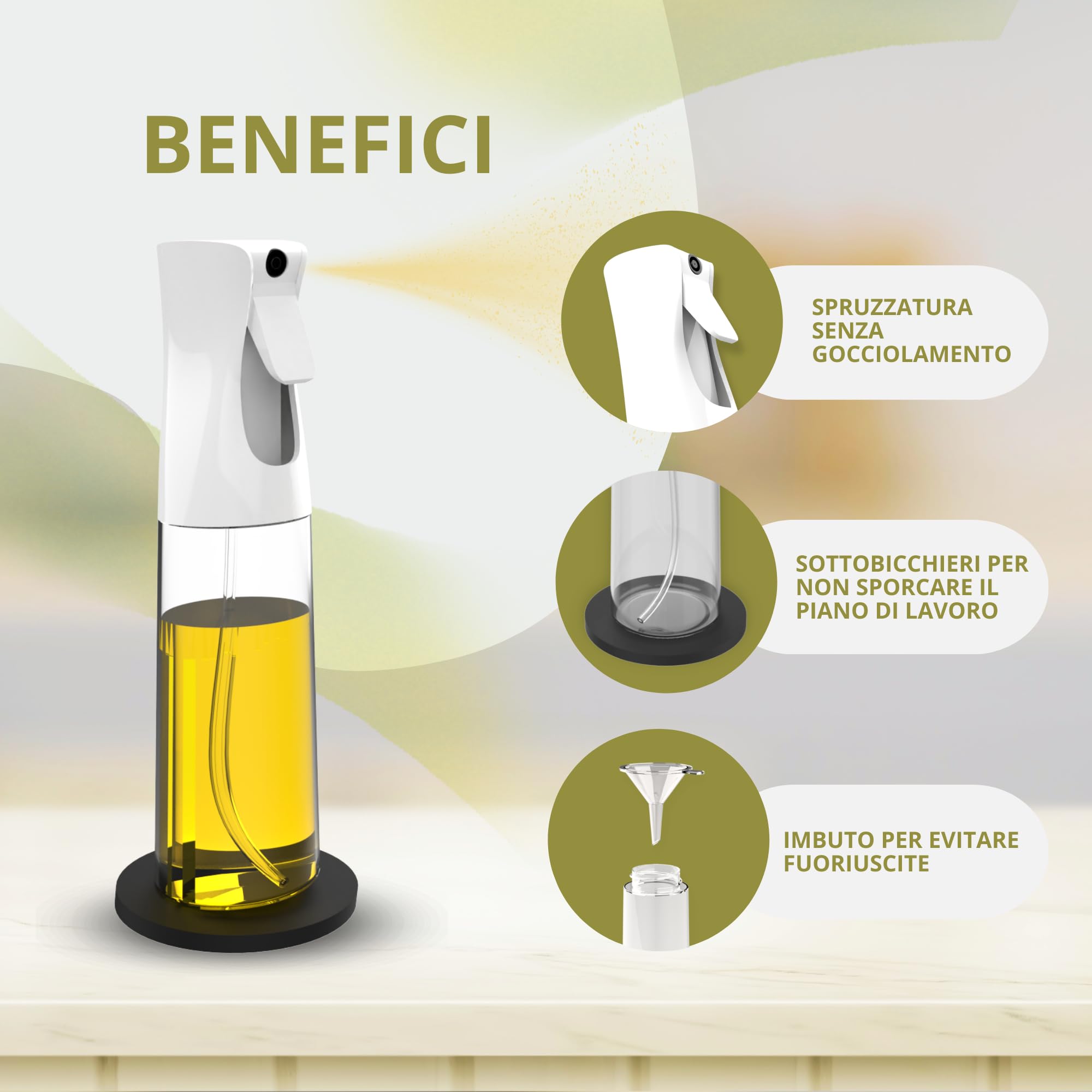 Spruzzatore Per Olio Leisure Life 2.0 - Acciaio Inox 100ml, Nebulizzazione Fine, Senza BPA, Lavabile