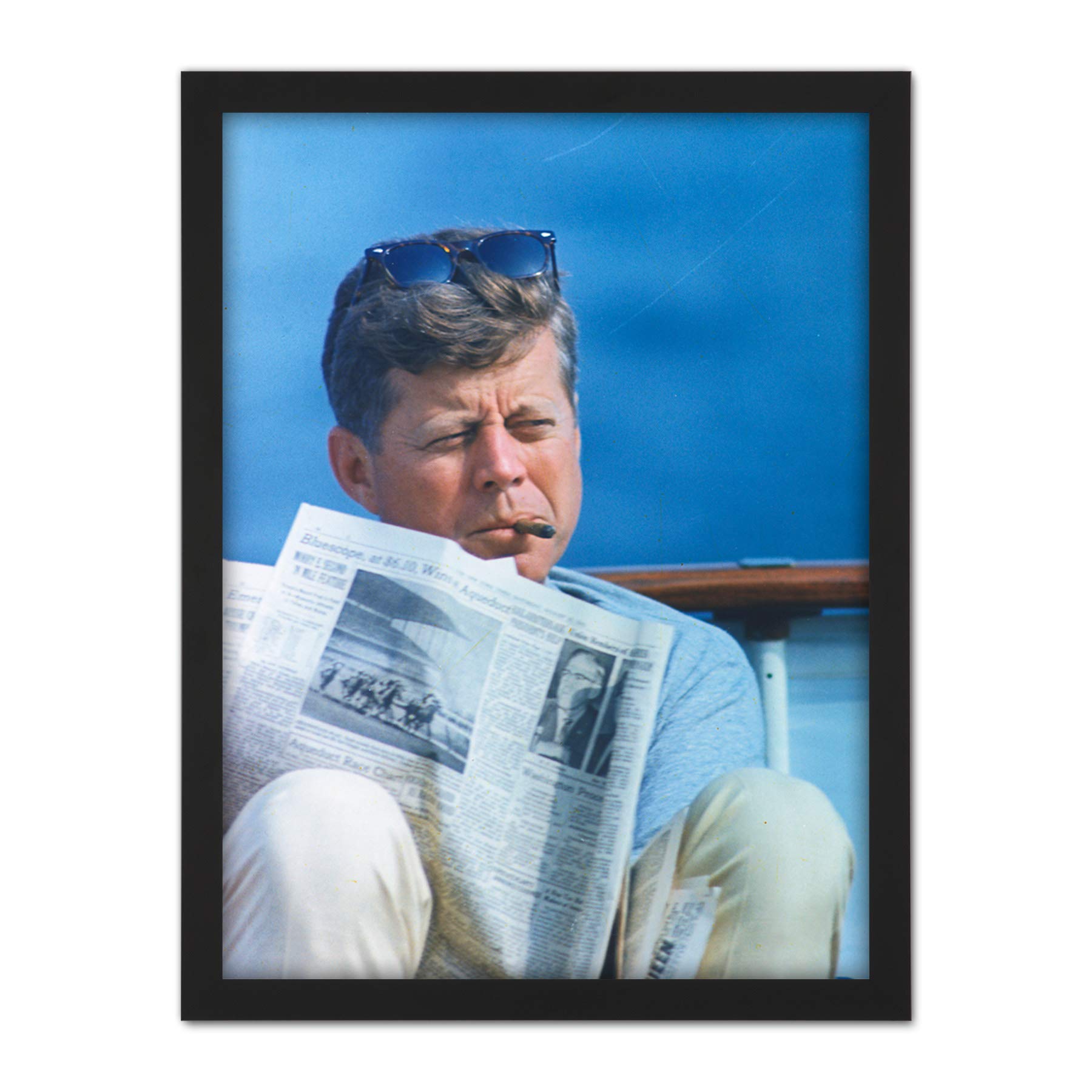 President JFK Kennedy Cigar Newspaper Photo Artwork Framed Wall Art Print 18X24 Inch