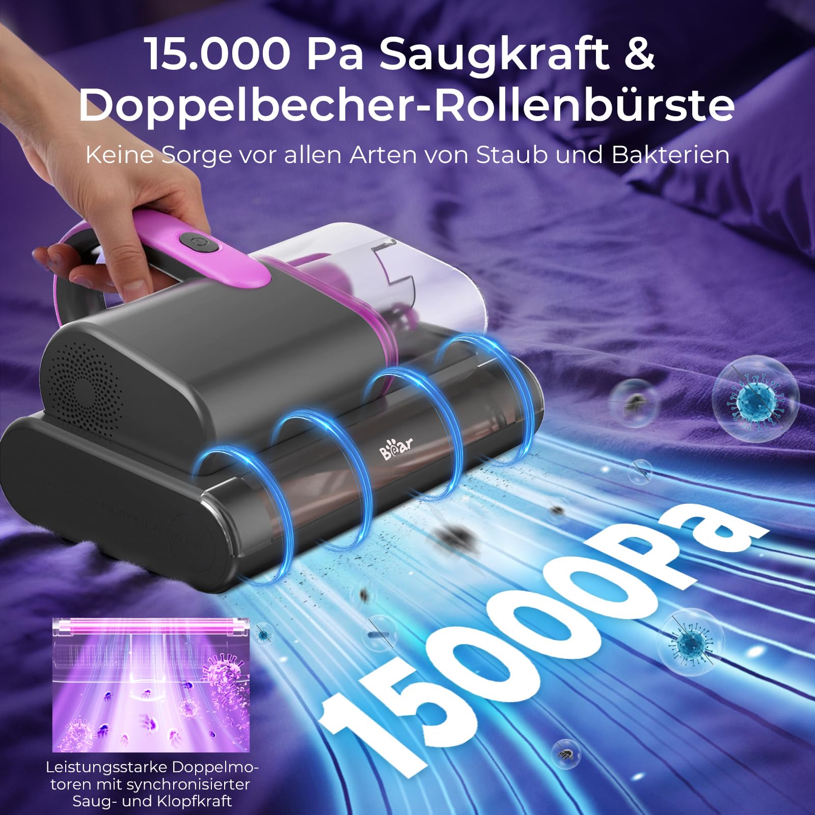 Bear Milbensauger für Matratzen,15kpa Absaugung 35000RPM, Milbenstaubsauger mit UV-C Licht, bekämpft Bettwanzen,entfernt 99,9% der Bakterien, Allergene,4m Kabel