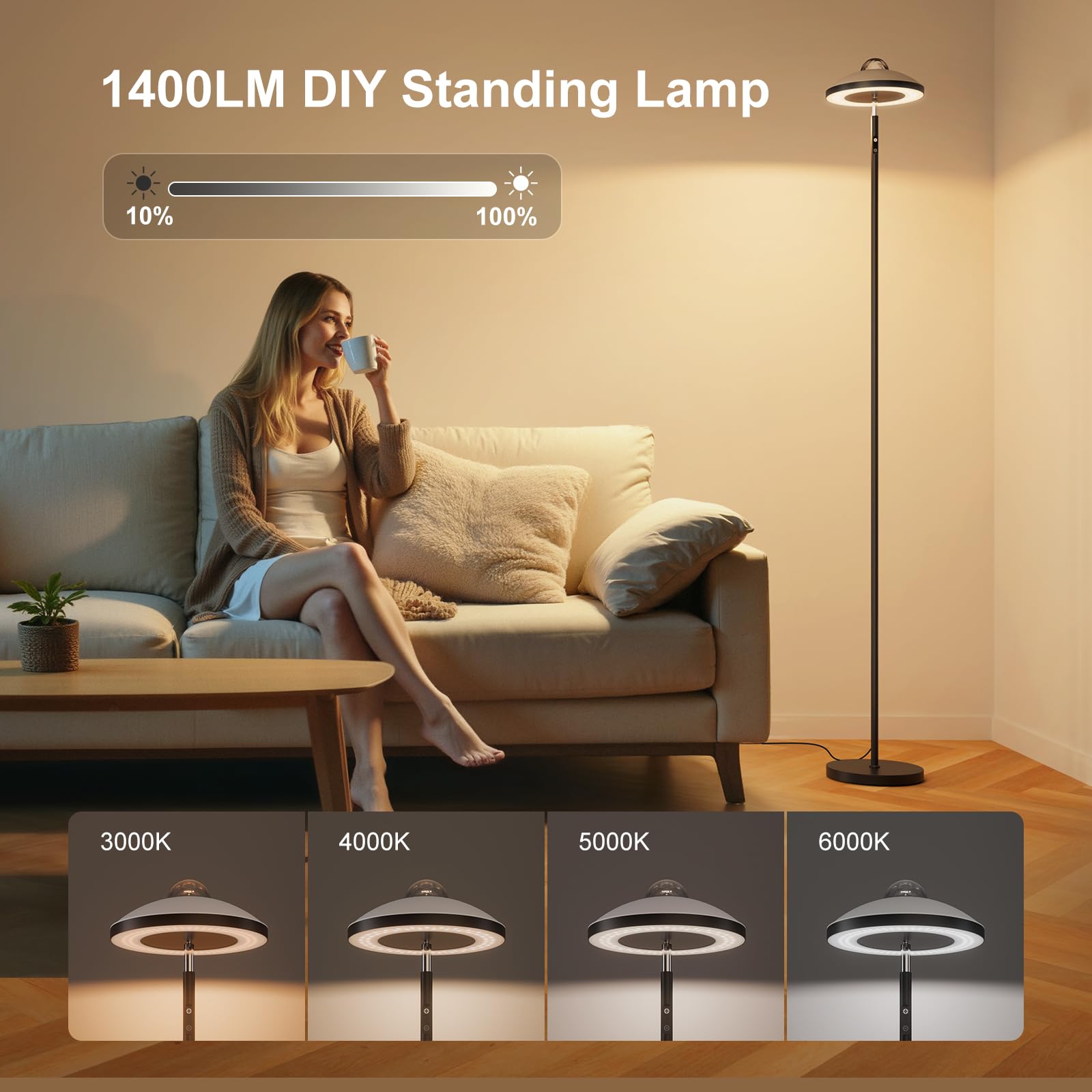 DUSKTEC Lámpara de Pie LED Inteligente para Salón | Proyector de Estrellas y Luz de Lectura | Regulable con Mando a Distancia y Temporizador | Lámpara de Pie para Dormitorio Infantil y Oficina
