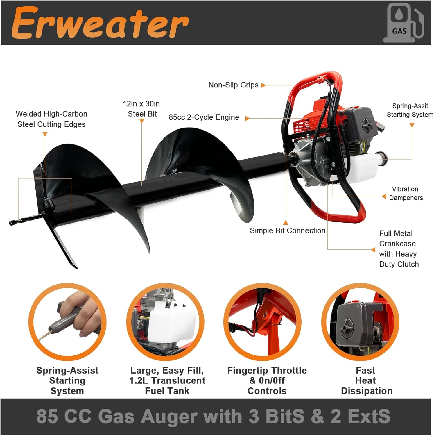 Post Hole Digger Earth Auger, Gas Powered 85cc 3.4HP 2-Stroke Engine, with 3 Drill Bits 4" & 8" & 12" and 24"& 24" Extension Rods, for Fence Post, Garden, Farmland, EPA Compliant