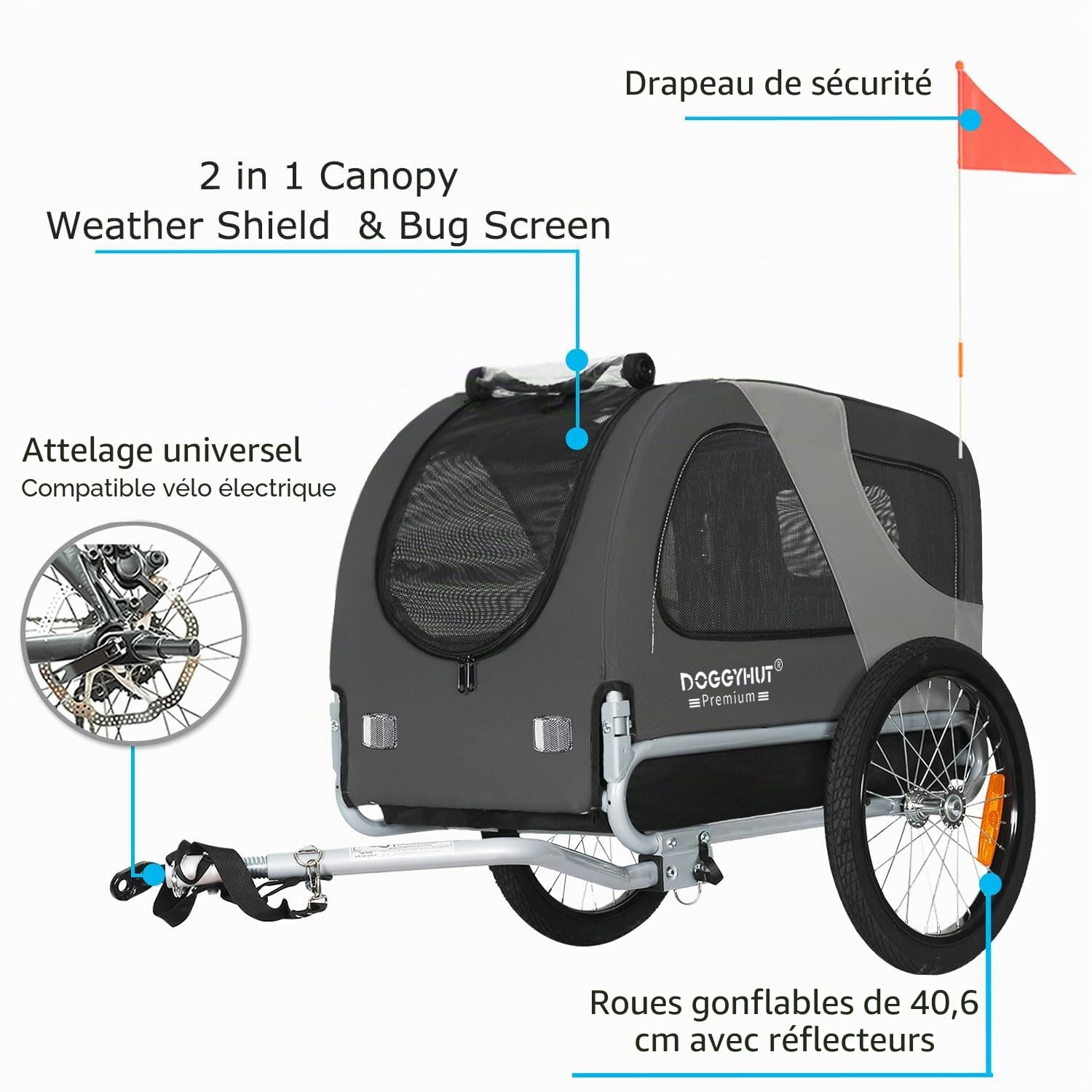 DOGGYHUT® Remorque de vélo pliable de qualité supérieure pour chien jusqu'à 23 kg