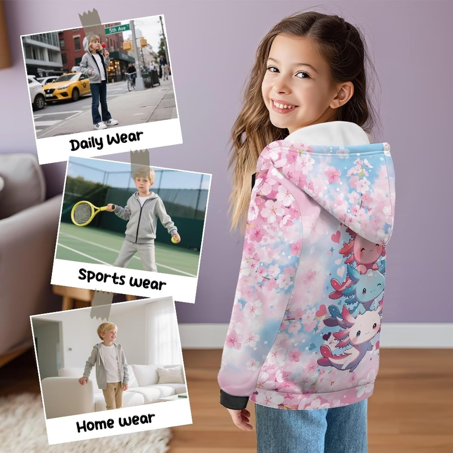 Girls Hoodie Graphic Fleece Jacket Long Sleeve Sweatshirt Full Zip Coat with Hood Spring Fall Winter Outwear