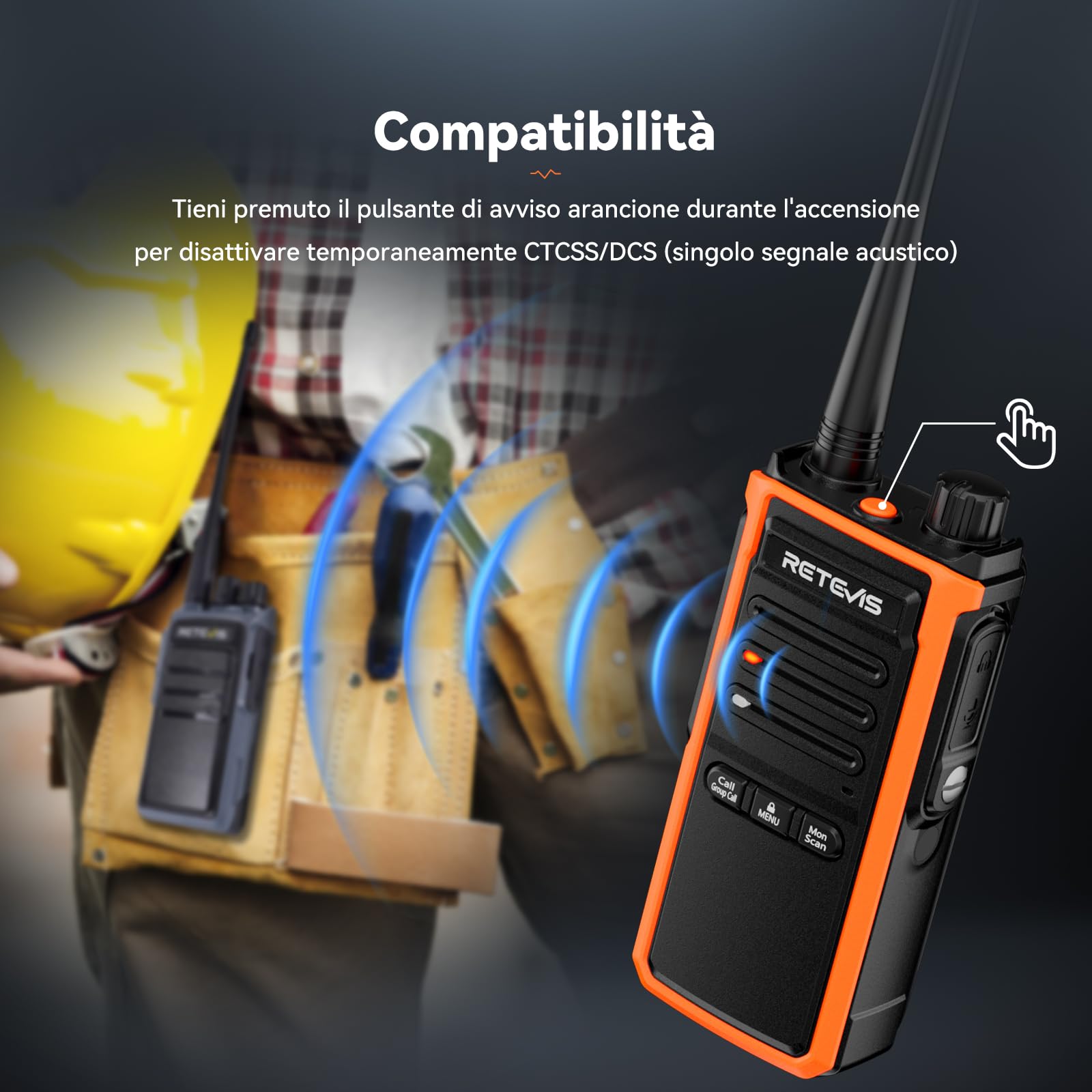 Retevis C65B Walkie Talkie Professionali IP67, Ricetrasmittenti a Lungo Raggio, Batteria Ricaricabile da 1800 mAh, Chiamata di Gruppo, Woki Toki Alta Potenza per la Costruzione (4 Pacchetti)