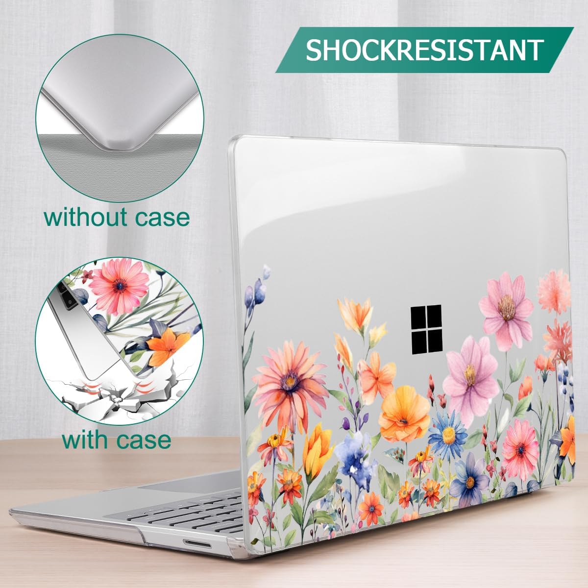Mektron Case for 13.5" Microsoft Surface Laptop 5/4/3 with Metal Palm Rest Model 1951/1868, 2019/2021/2022 Release Plastic Hard Shell Cover with Screen Protector + Keyboard Cover, Floral P165
