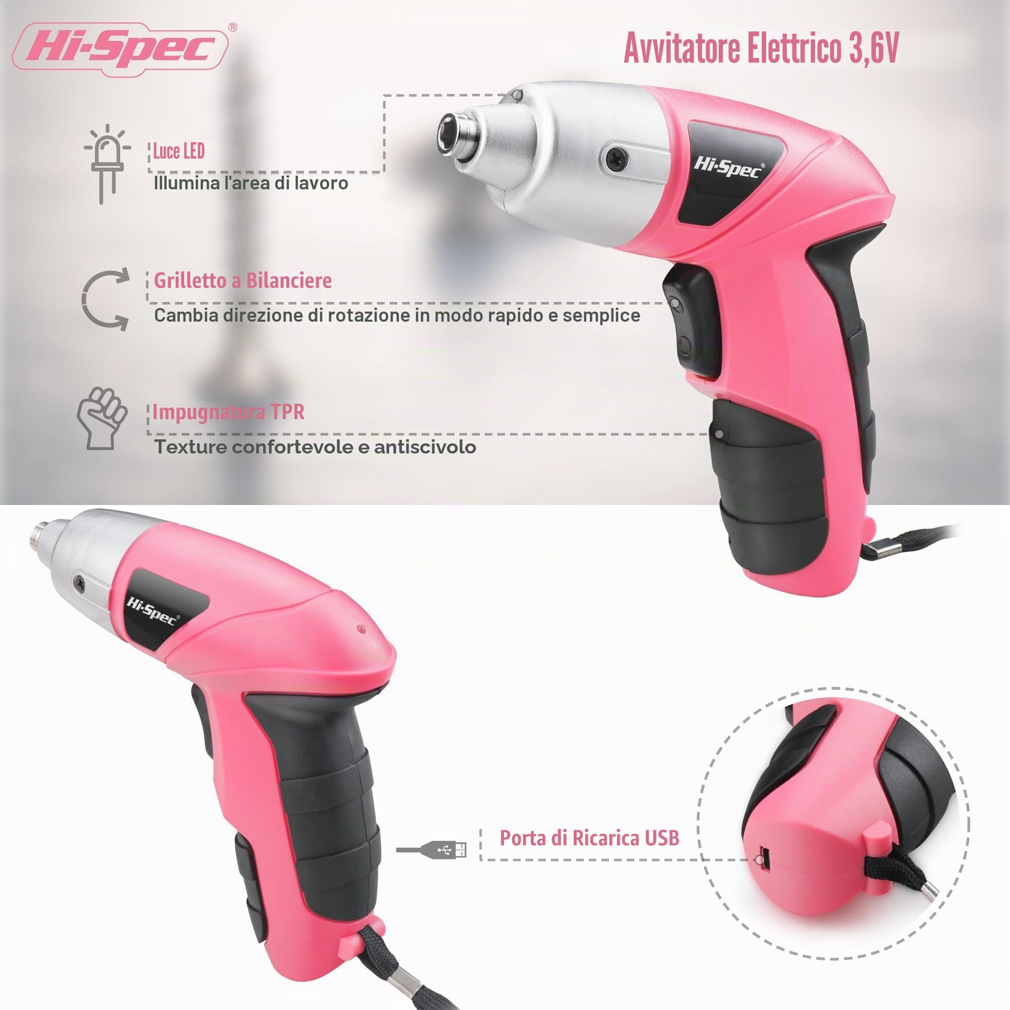 Hi-Spec Avvitatore a Batteria, Avvitatore Elettrico 3,6V USB Senza Fili Ricaricabile con Set Inserti per Casa e Fai da Te, Leggero e Facile da Usare, 27 Pezzi, Rosa