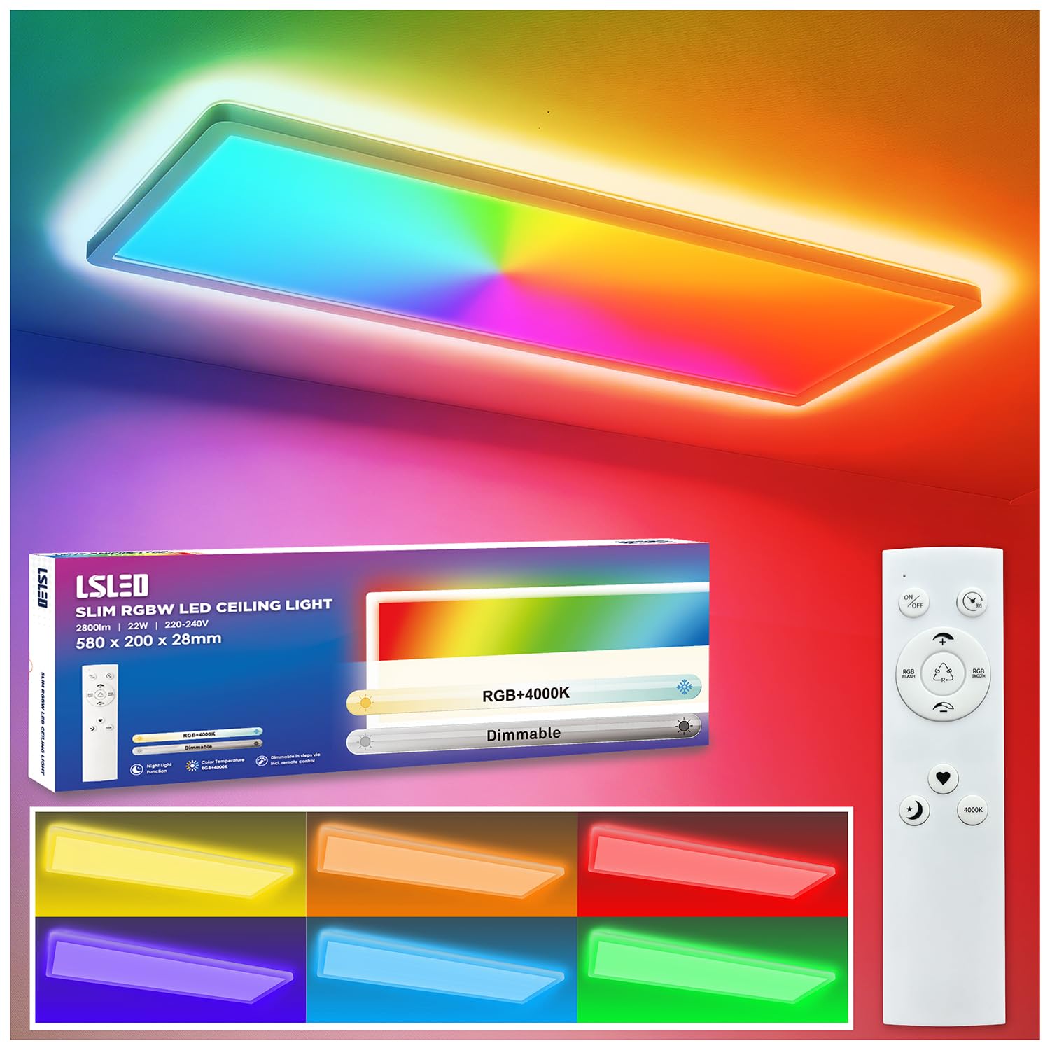 LED Deckenleuchte mit Fernbedienung, 58x20 cm RGB+4000K 24W Farbwechsel, 2800 Lumen, IP44 Wasserdicht, Speicherfunktion & Nachtlicht, Deckenlampe für Spielzimmer Schlafzimmer Küche