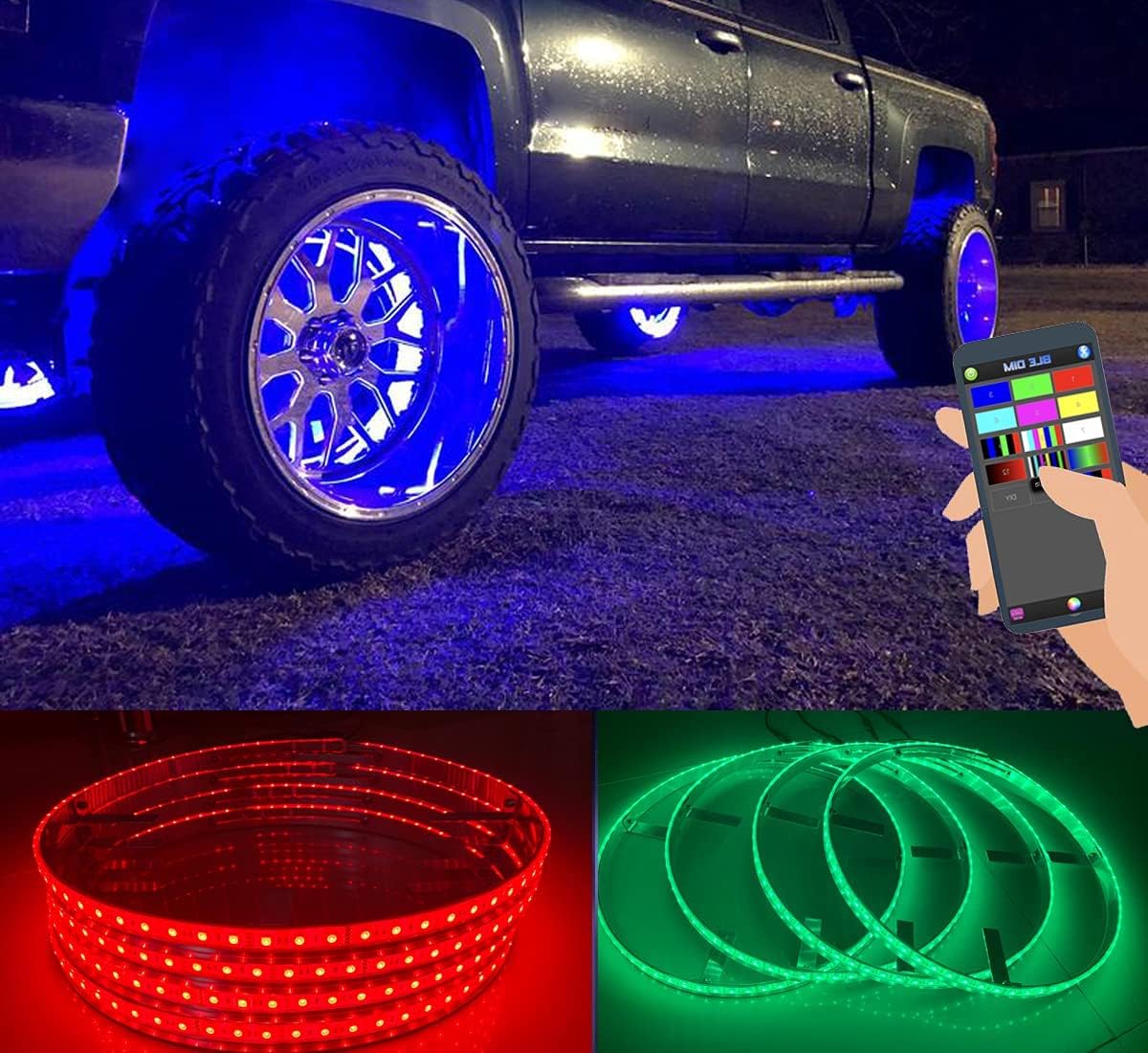 17.5'' 4 Pcs RGB LED Wheel Lights with Braking Functionand for Car Truck Waterproof Brightest Blue-Tooth App Control Rim Light Kit Outdoor Fun Lighting