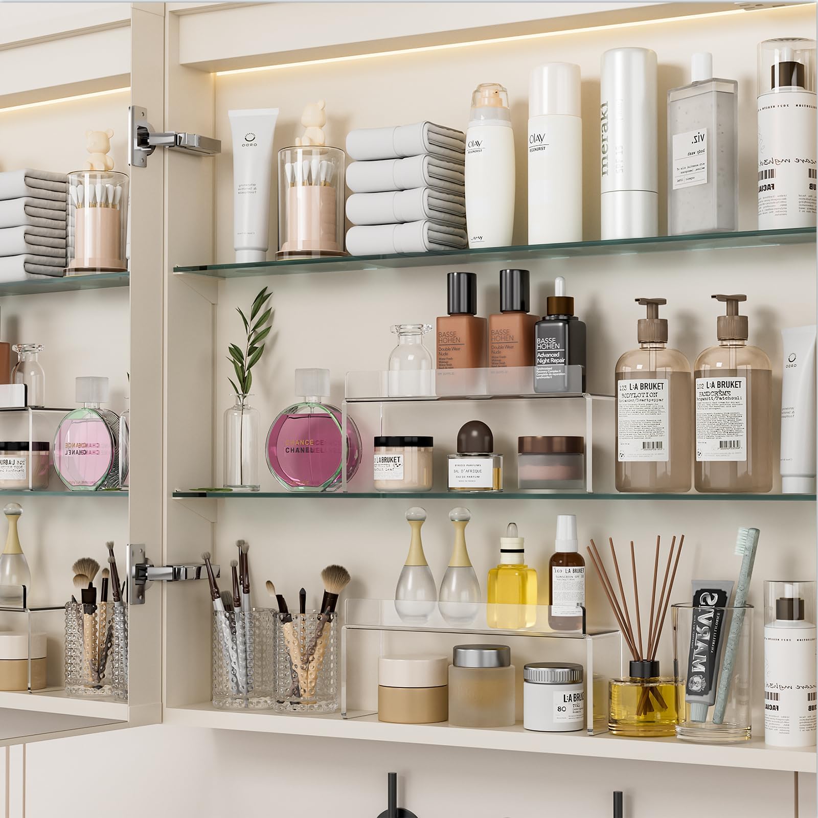 iHEBE Medicine Cabinet Organizer, Medicine Storage Organizer, Cabinet Caddy Holder, Acrylic Makeup Organizer Tray, Clear Bathroom Shelf for Cabinet, Sink, Vanity, Countertop (2-Pack)