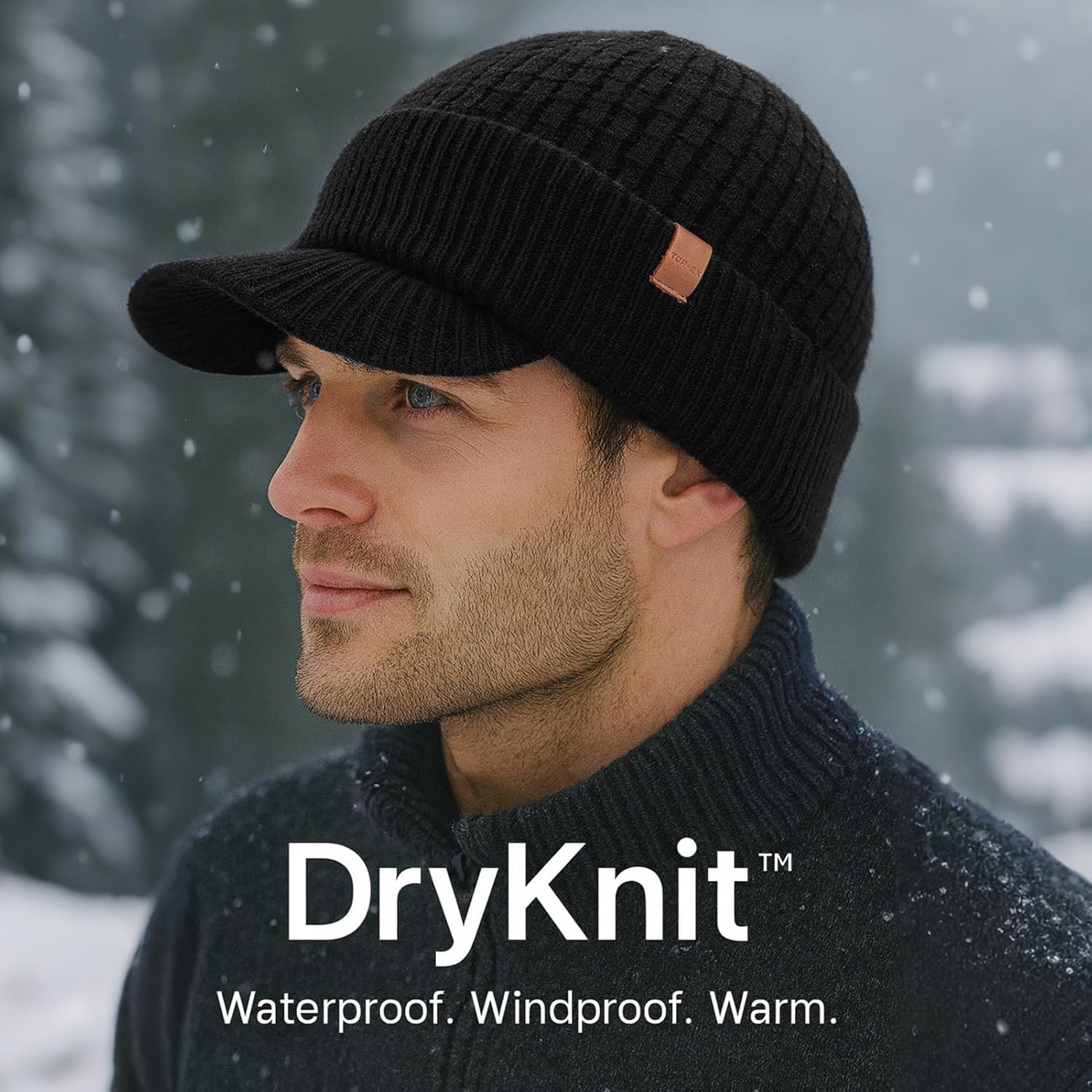 TOP-EX DryKnit™ Waterproof 50% Merino Wool Visor Beanie Hat for Men Fleece Lined Winter Hat with Brim for Big Heads