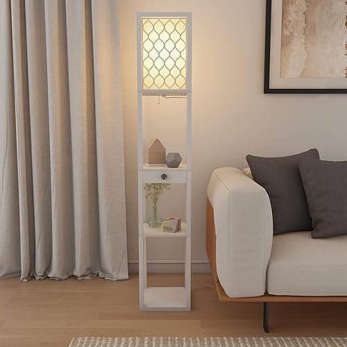 Miniatura 9 de Saudism Lámpara de pie con estantes, bombilla LED E27, lámpara de pie alta con control remoto, lámpara de lectura moderna con un cajón de