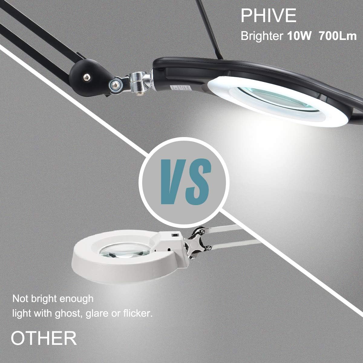 Review Product LED Magnifier Lamp, PHIVE Dimmable Magnifying Desk Lamp/Task Light with Clamp (3 Lighting Modes, 5 Diopter, 5'' Diameter Glass Lens, Dust Cover) Swing Arm Workbench, Drafting, Work Light