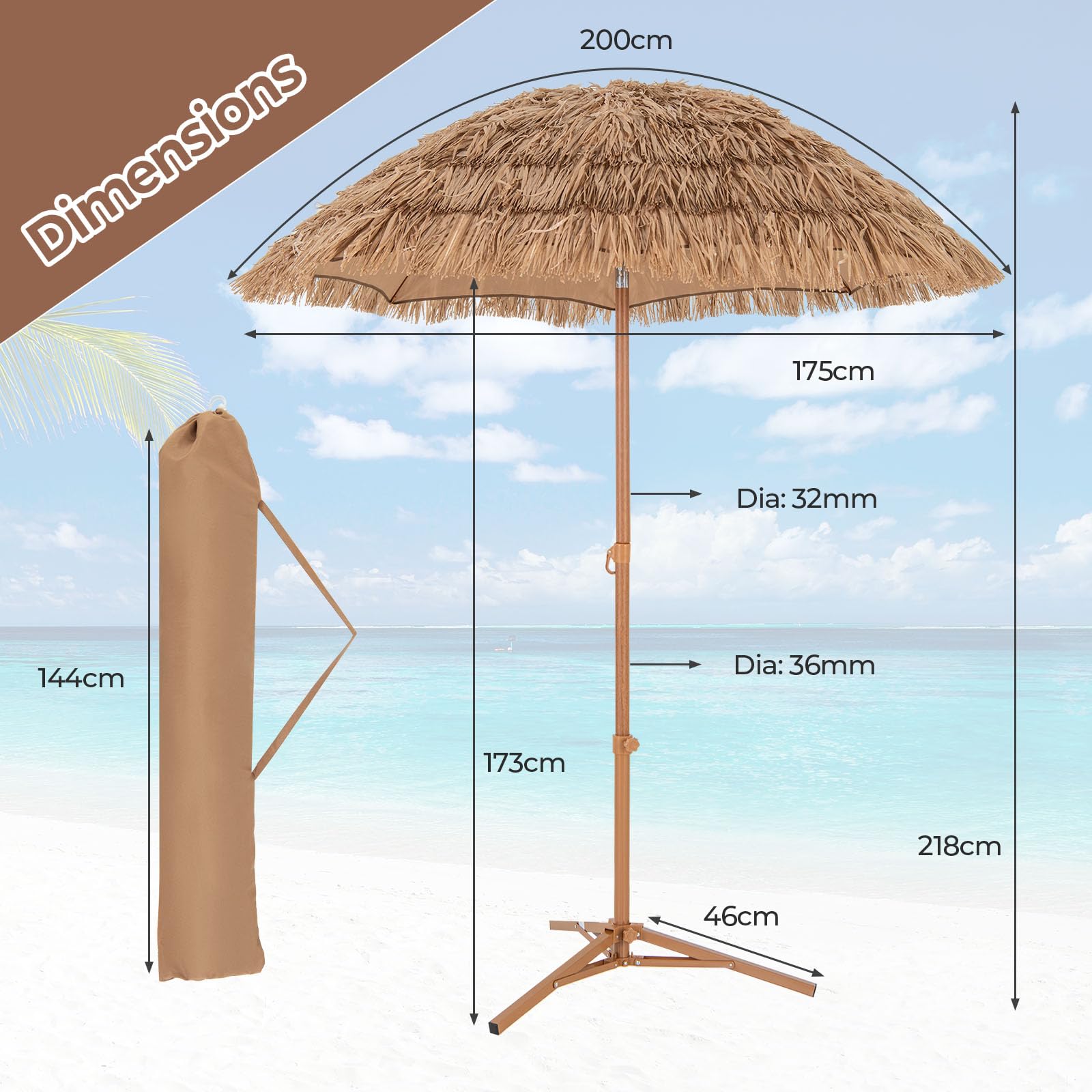RELAX4LIFE Parasol Paille Φ200cm avec 8 Baleines