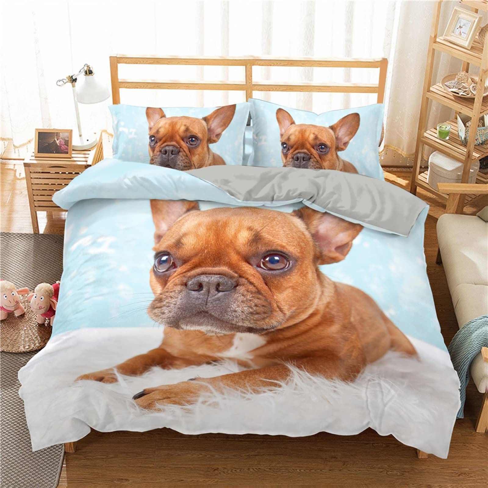Housse de couette 240x260 bouledogue français marron parure de lit 2 personnes respirante