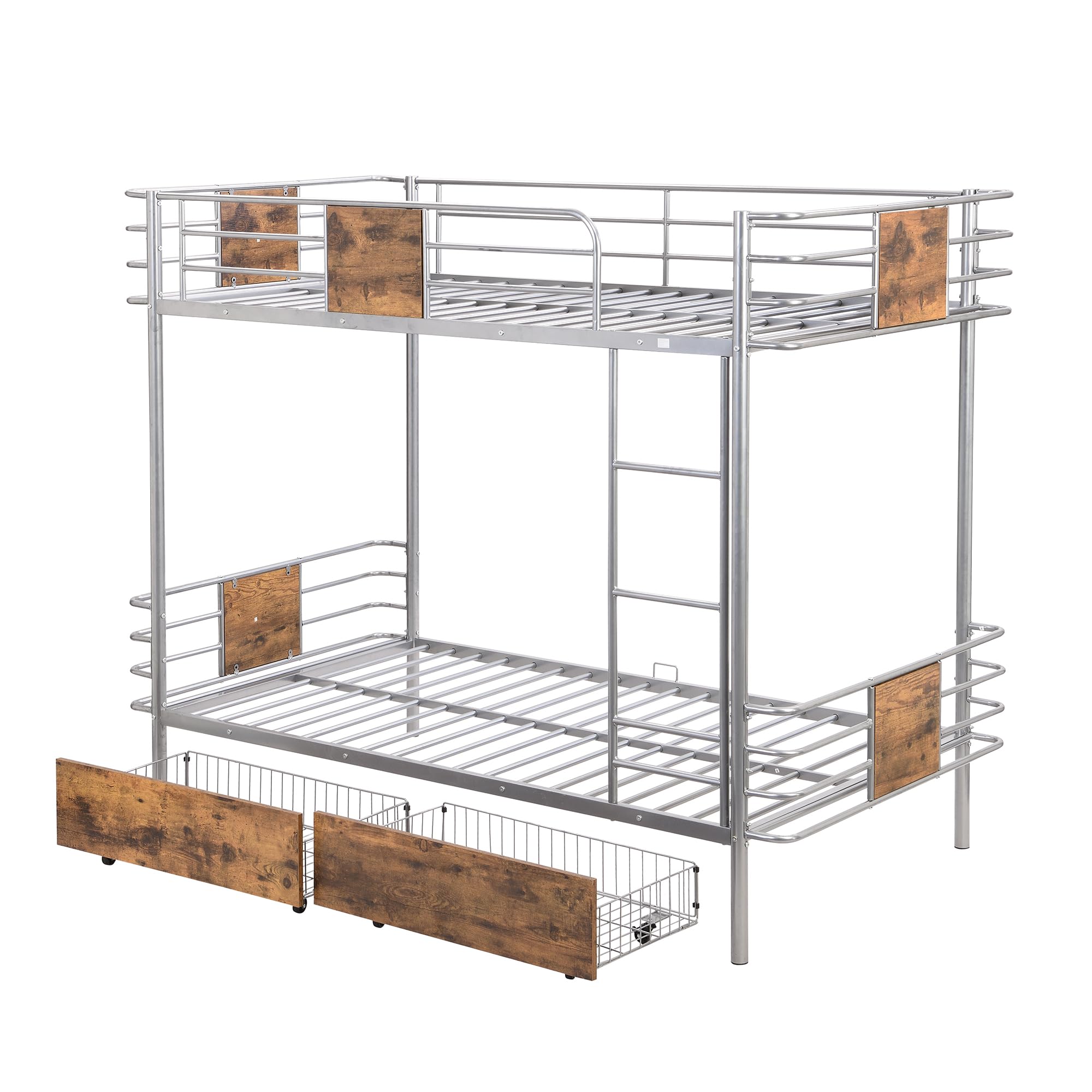 Metal Bunk Bed Twin XL Over Twin XL Twin Bunk Beds Twin Size Bed with 2 Storage Drawers and MDF Board Guardrail, No Box Spring Needed, Silver