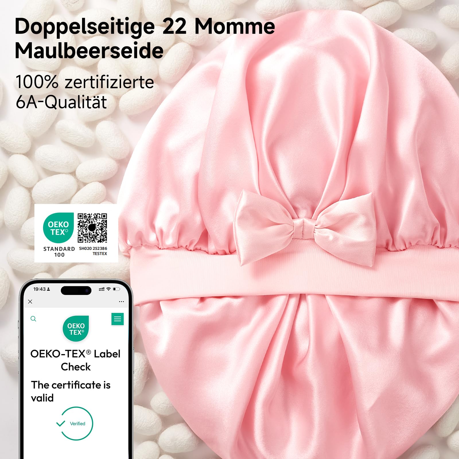 Umisleep 100 % Maulbeerseide 22 Momme große Seidenhaube zum Schlafen, doppellagig, rutschfest und atmungsaktiv, mit verstellbarem Band für lange, lockige Haare, Hellrosa