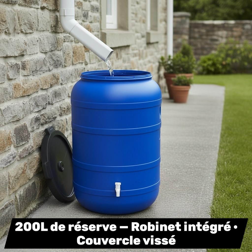 Jordan & Jordan — Fût Plastique 200L PEHD — Couvercle à Visser + Robinet — Grande Capacité Alimentaire — Eau, Huiles, Solide — Certifié sans BPA
