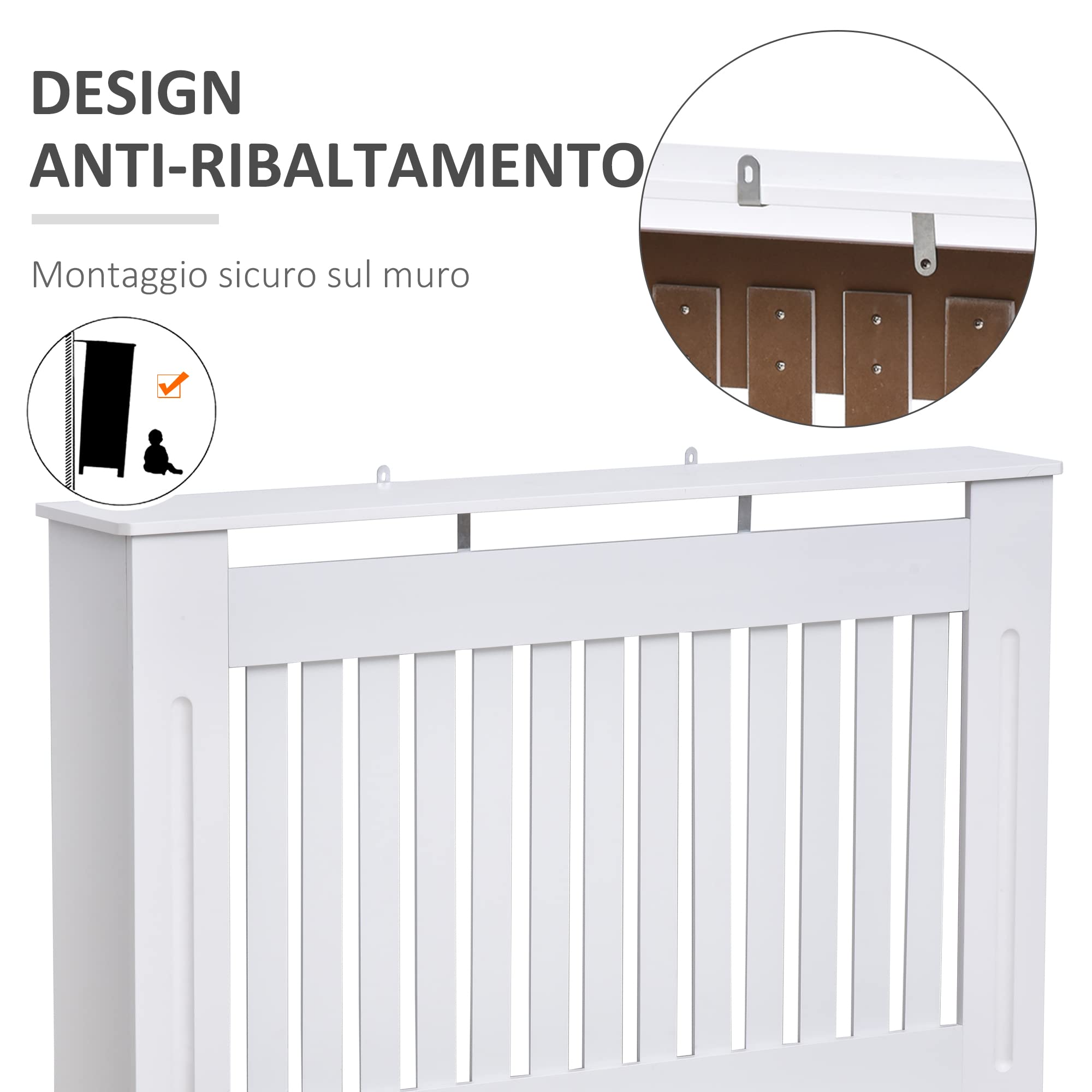 HOMCOM Copritermosifone a Doghe in MDF, Copri Termosifone Moderno con Antiribaltamento per Casa e Ufficio, 112x19x81 cm, Bianco