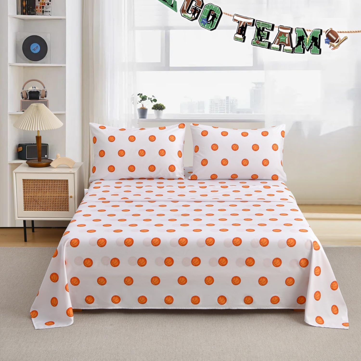 Chezmoi Collection 3-Piece Kids/Teens Sports Sheet Set - Soft Microfiber White Orange Basketball, Twin Size - Image 6