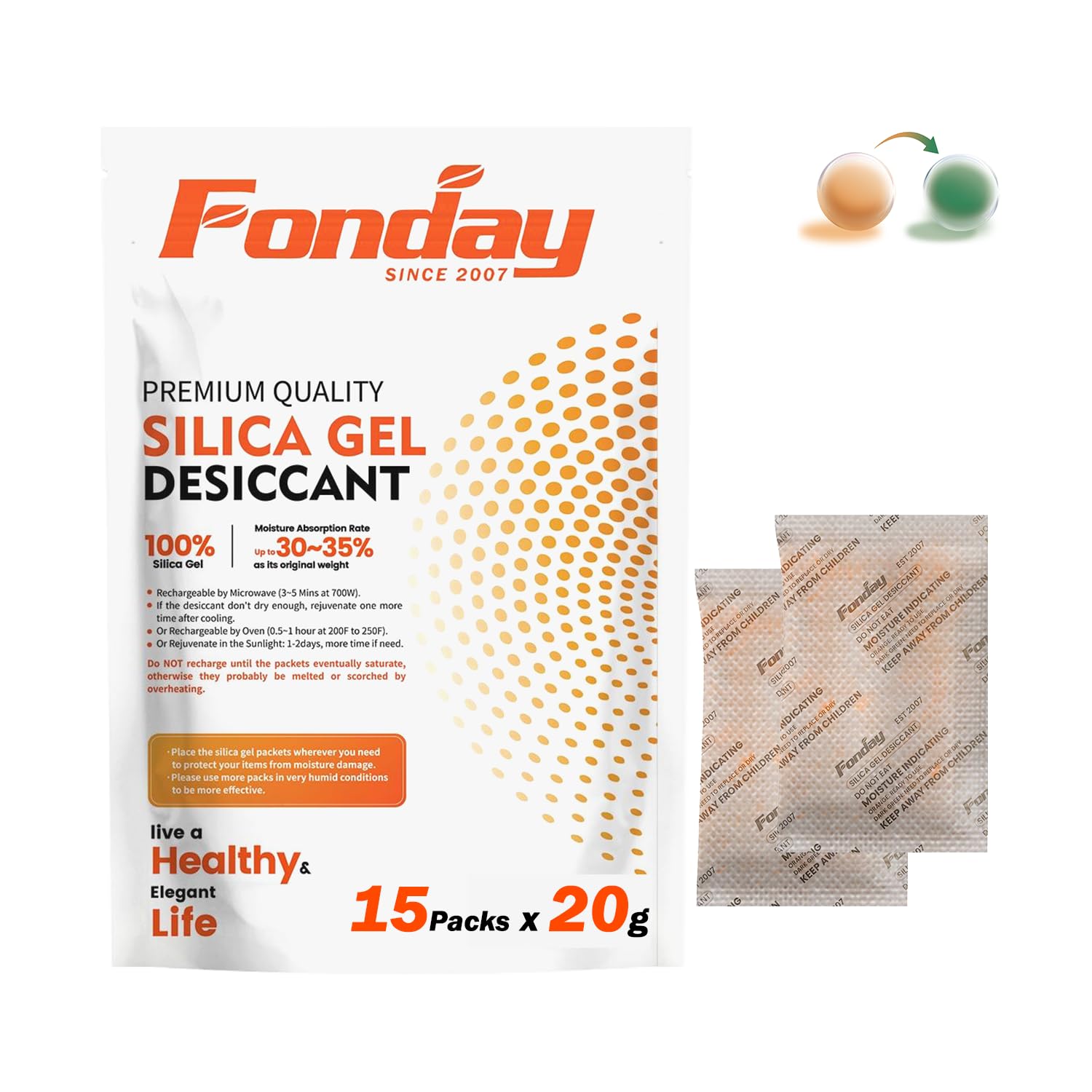 Fonday 20Gram (15Packs) Rechargeable Silica Gel Desiccant Packets Food Grade Fast Reactivate Desiccant Bags Moisture Indicating Orange to Green for Air Dryer-picture-18