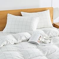 Vista 2 de JELLYMONI - Juego de 2 fundas de almohada de algodón 100% natural a cuadros, color blanco con cuadrícula negra, patrón geométrico estampado