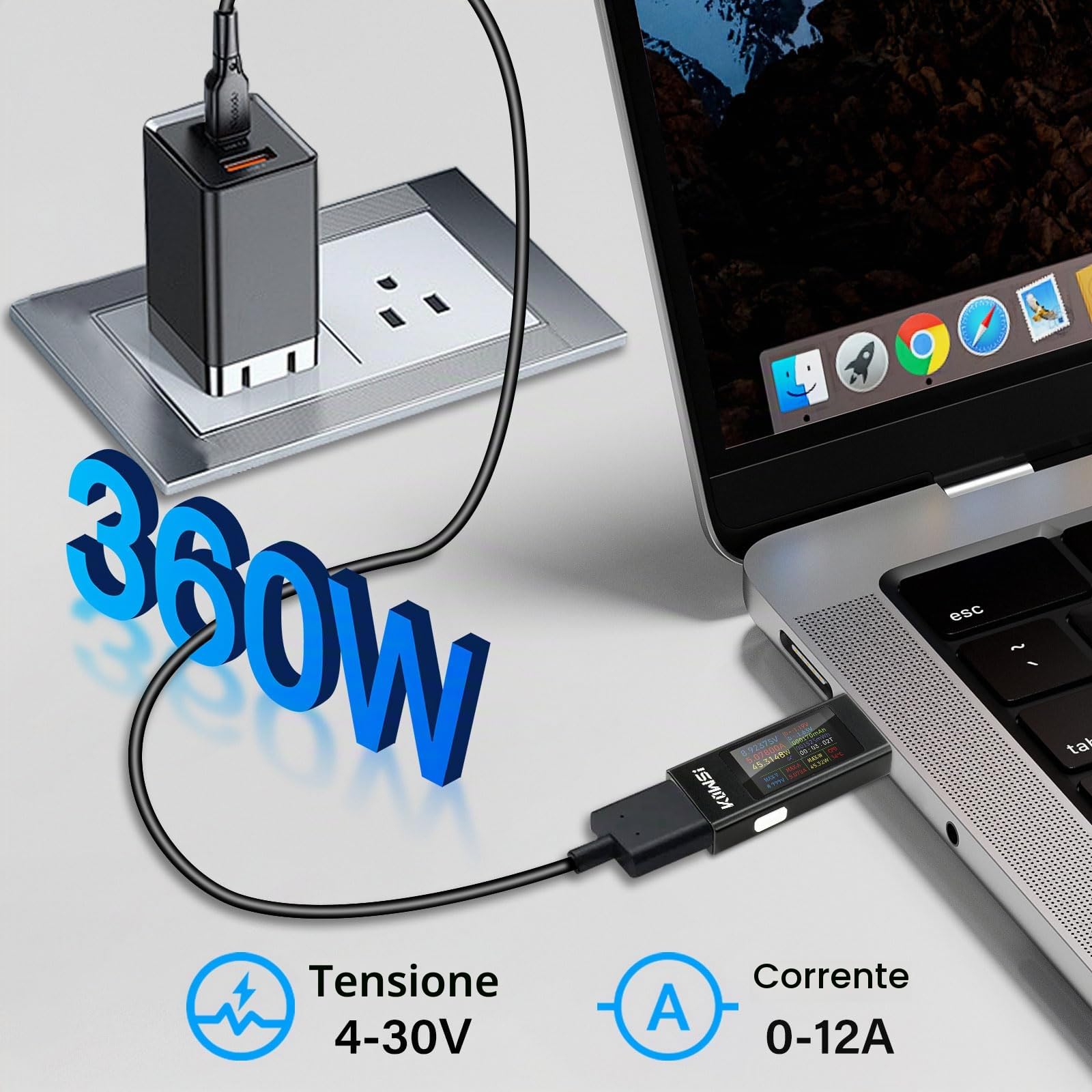 Diymore Misuratore di Corrente USB 360W,4–30V,0–12A,USB Tester di Tensione,USB Voltmetro Volt Amperometro,Misuratore di Corrente USB-A Tester di Potenza