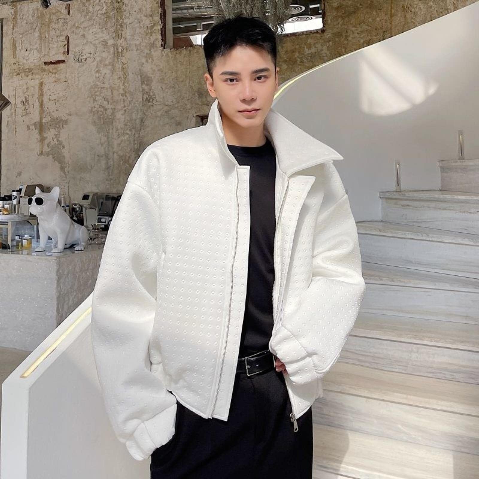 ZXCL Men's Lapel Long Sleeve Oversized Chic Jacket Rivet Design