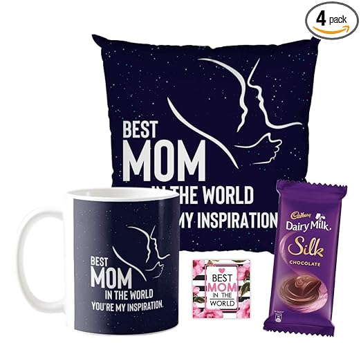 YaYa cafe Mother's day Chocolate Gifts Combo for Mom - Mug, Cushion Cover, 1 Dairy Milk Silk Chocolate (60 Gram), With Coaster - Best Mom in The World
