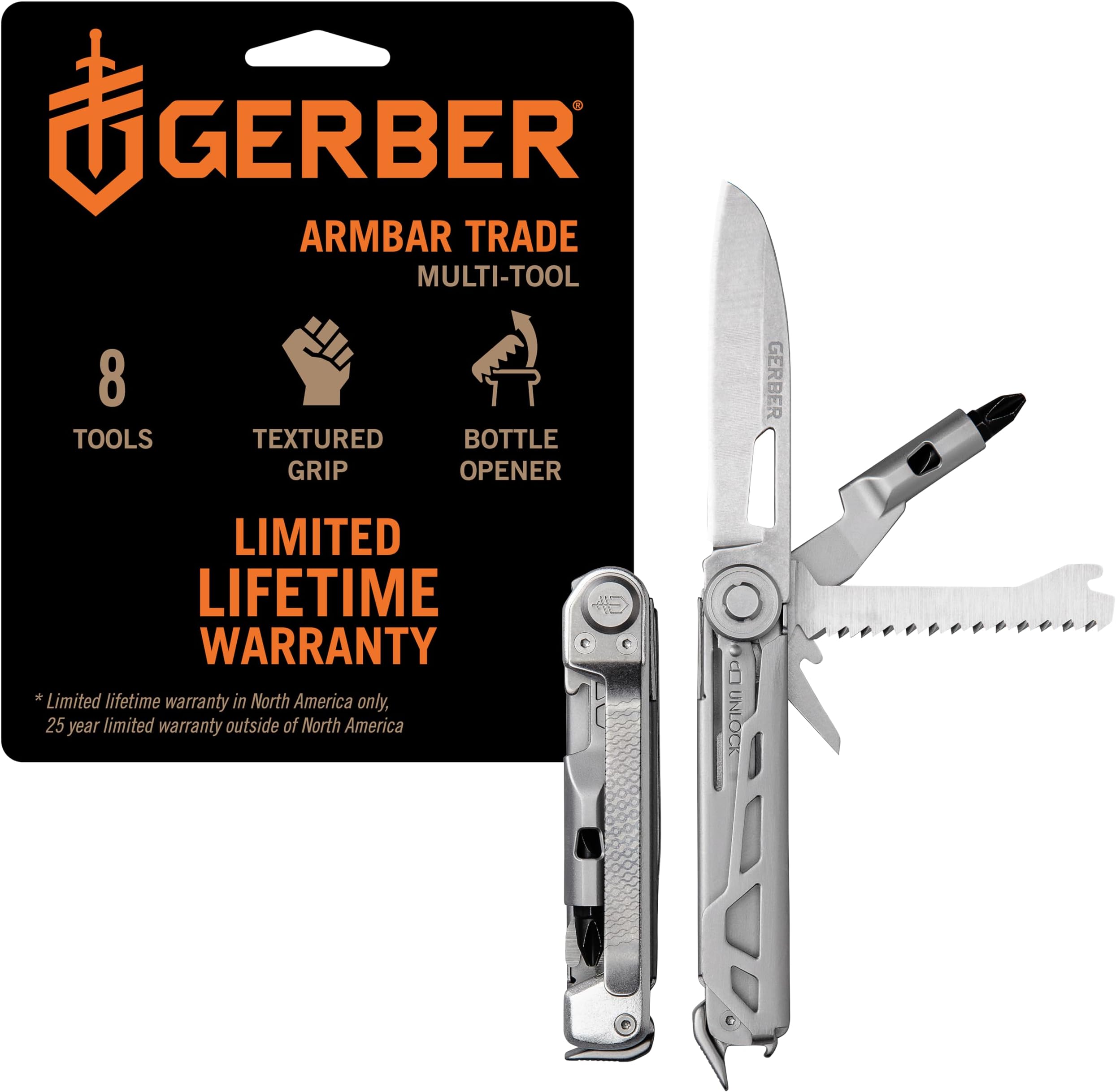 Gear Armbar Trade 8-in-1 Multi-tool - 2.5" Plain Edge Blade, Pry Bar, Hammer - EDC Gear and Equipment - Silver