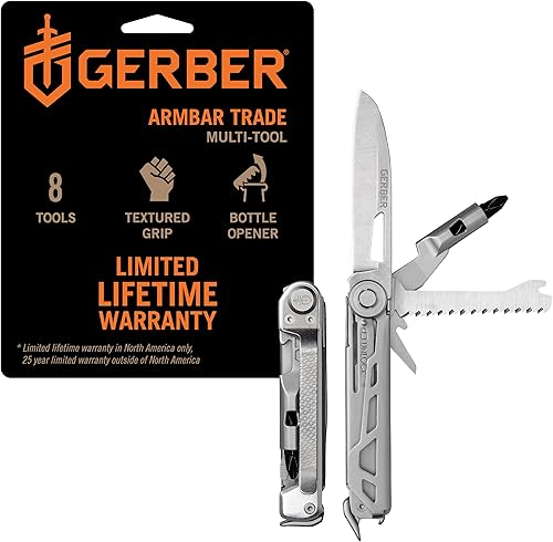 Gerber Gear Armbar Trade - Multiherramienta 8 en 1 - Hoja de borde liso de 2.5 pulgadas, barra de palanca, martillo - Equipo y equipo EDC - Plata