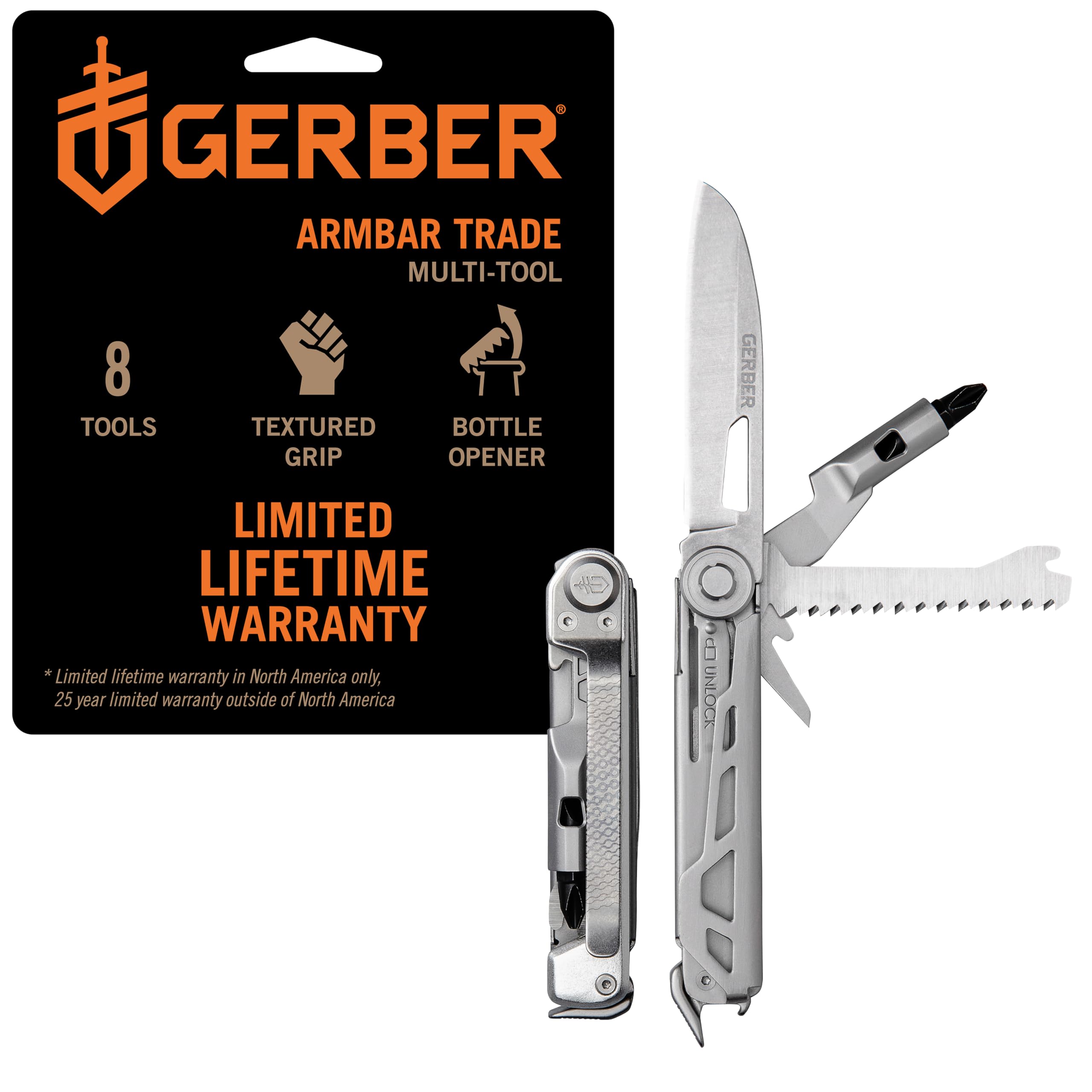 Gerber Gear Armbar Trade 8-in-1 Multi-tool - 2.5" Plain Edge Blade, Pry Bar, Hammer - EDC Gear and Equipment - Silver