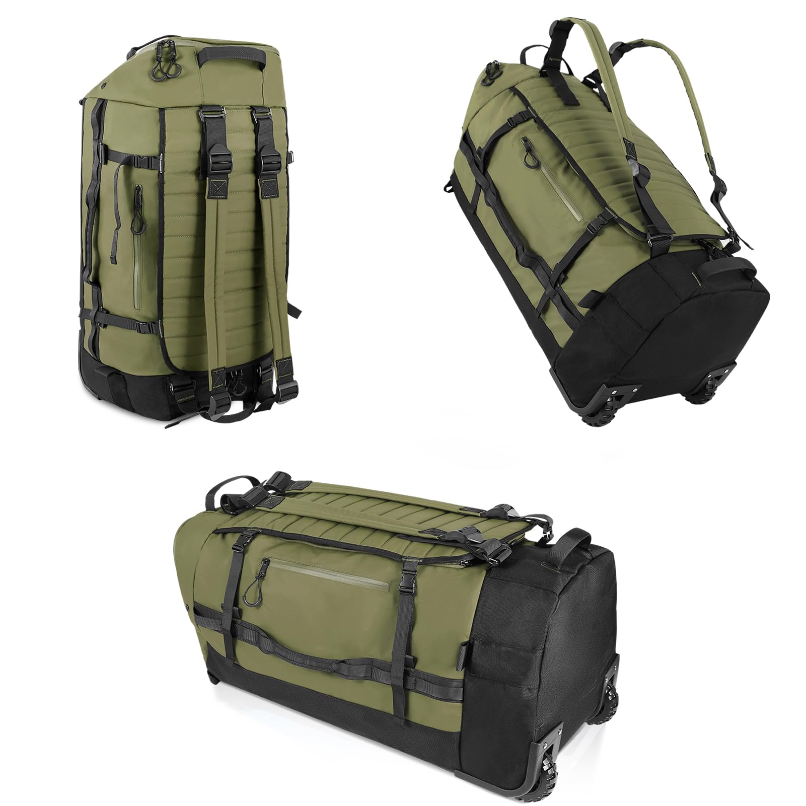 CONTAIL86L Foldable Wheeled Duffel Backpack with Padded Quilted Bottom, Waterproof Collapsible Travel Duffle Bag with Extended Web Handles,No Telescope Handle,Army Green