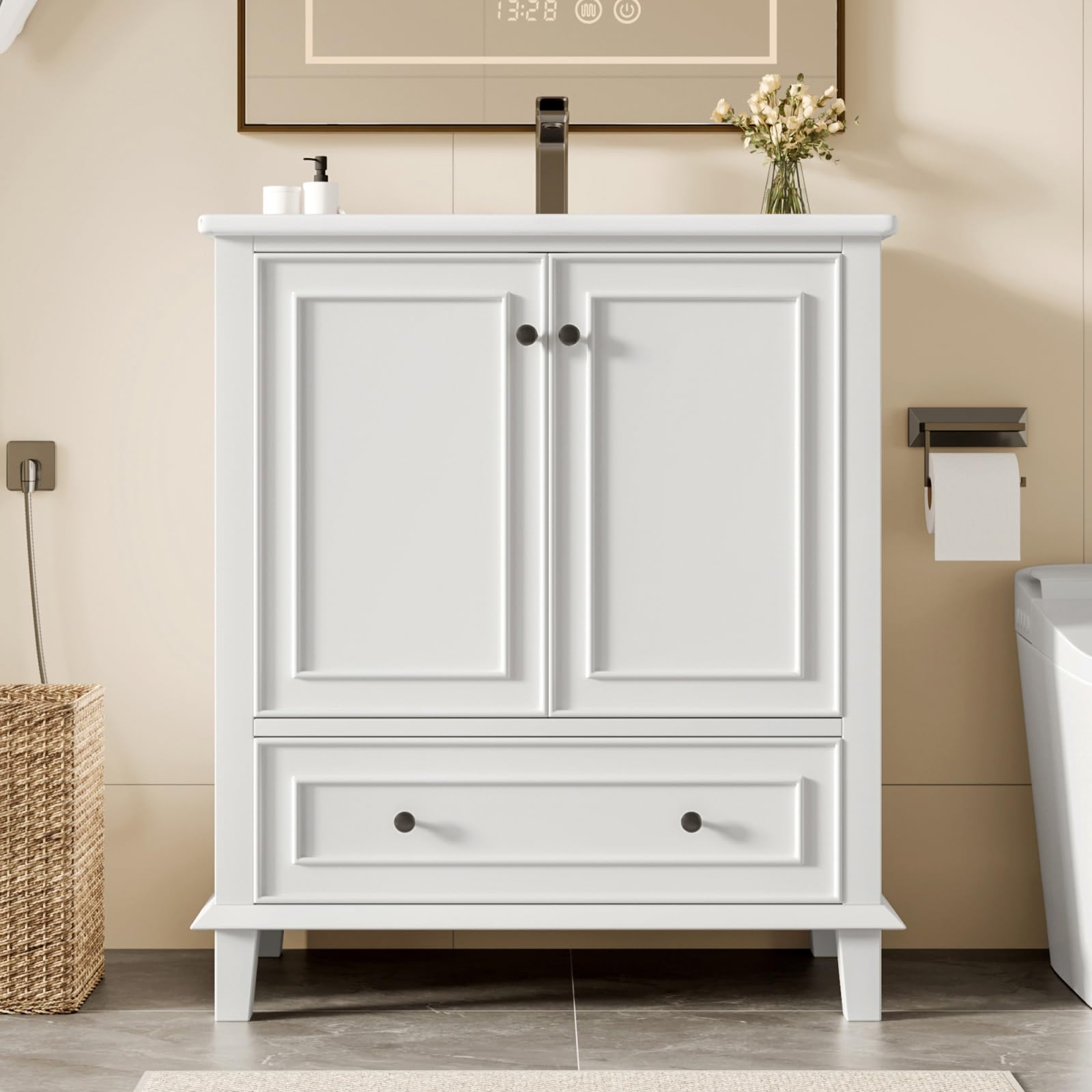Mobile sottolavello, mobile da bagno con lavabo in ceramica incorporata, mobile portaoggetti con 2 ante e cassetti, gambe in legno massello, design moderno (bianco)