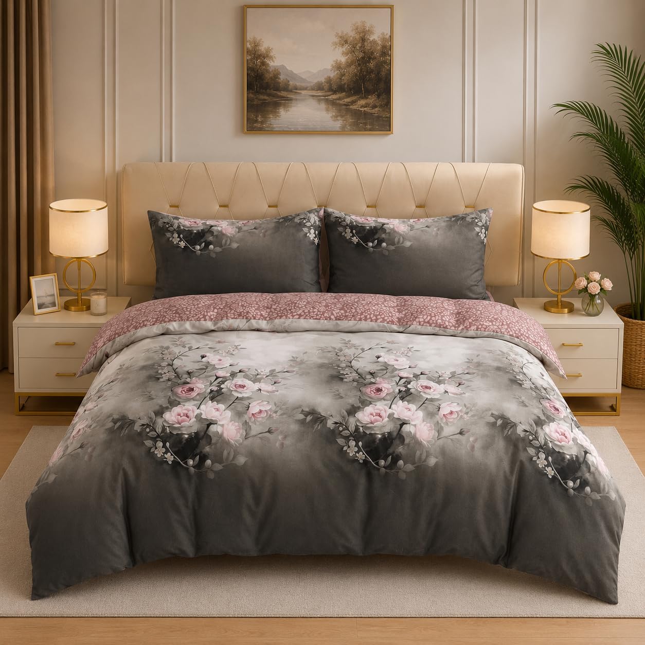 Textile Home Home Décor Grey Floral Double Bedding Set 4 Piece - Fade Resistant Luxury Microfibre Duvet & Sheet Set