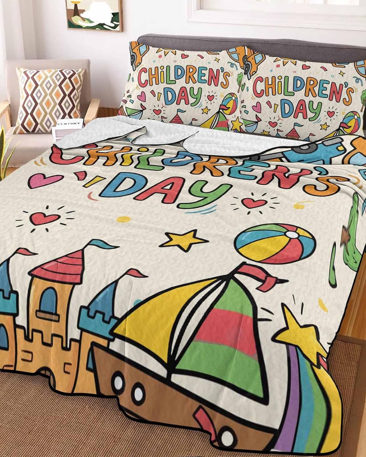 Beige Children's Day Quilt Twin XL Bedding Set, Lightweight Summer Quilt with Pillow Shams 3 Pieces Car Tree Stars Modern Abstract Art Cartoon Microfiber Soft Quilt Set Bedspread Coverlet