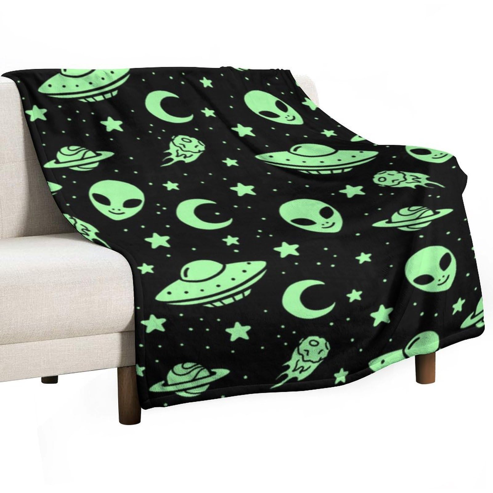 Hxwokrum Flannel Blanket, Green Alien Moon UFO Throw Blanket for Couch Sofa Bed Office, Soft And Comfortable Without Pilling