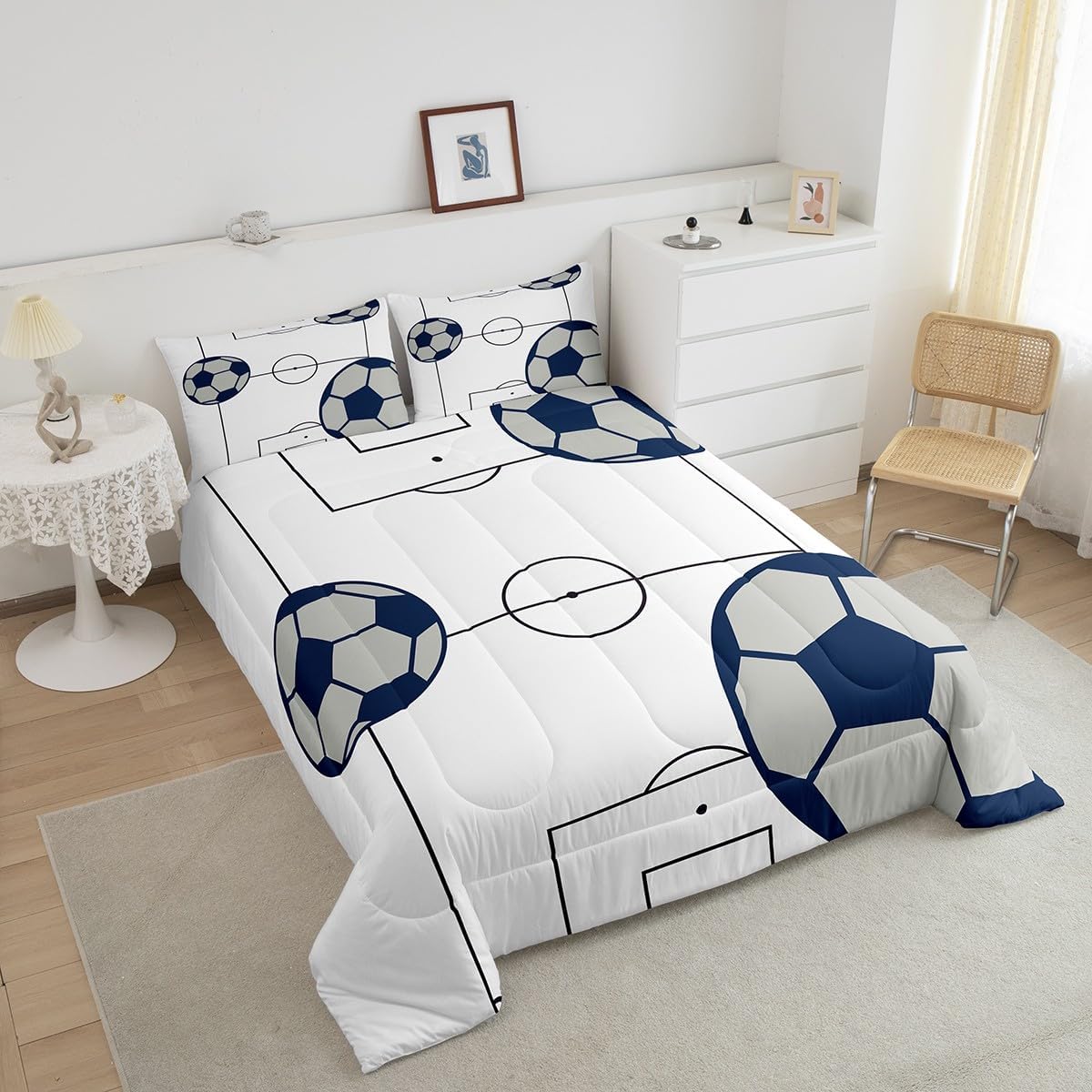 jejeloiu Football Comforter Set Twin Size Kids Football Court Comforter for Boys Girls Teens Soccer Ball Pattern Bedding Set Breathable Sports Theme Duvet Set Room Decor Quilt Set - Image 3