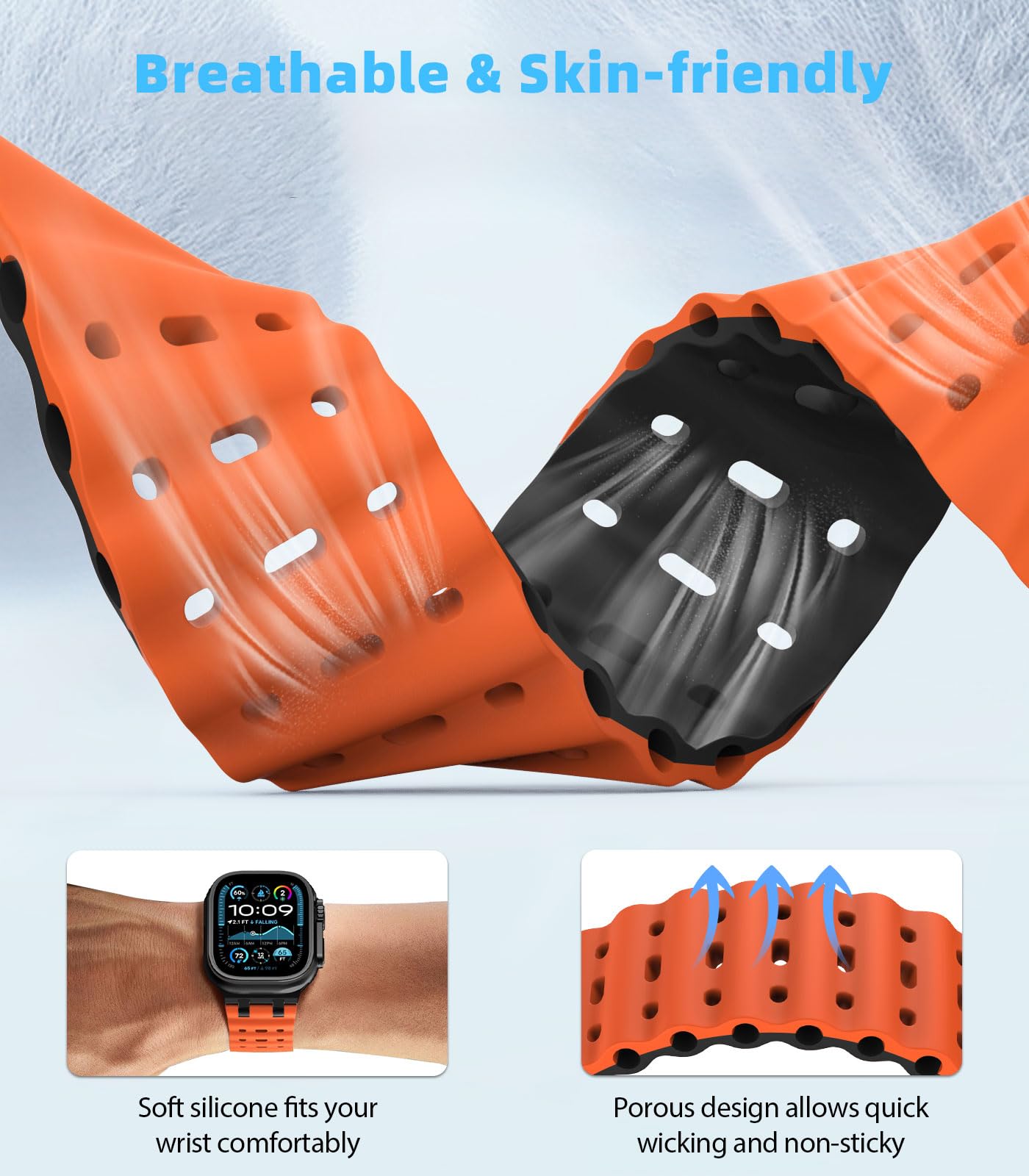 MoKo Cinturino Ocean Compatibile con Apple Watch Ultra 3/2/1 49 mm, S11/S10 46 mm, 9/8/7 45 mm, SE3/SE2/SE/6/5/4 44 mm, 3/2/1 42 mm, Cinturino Sportivo in Silicone Traspirante