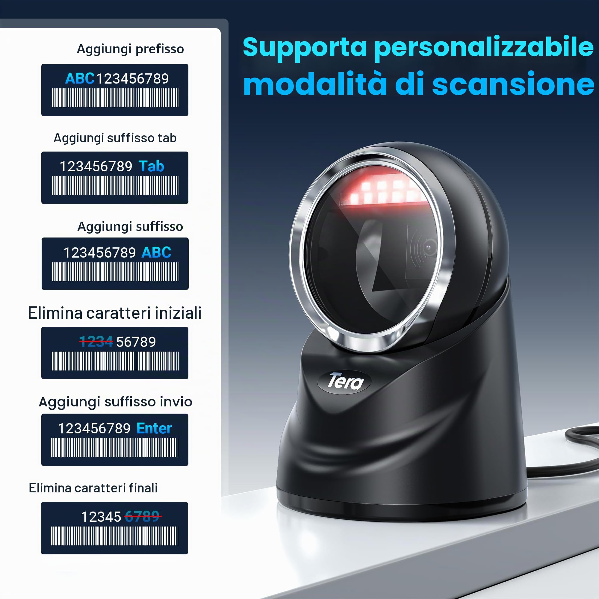 Tera Desktop 1D 2D QR Barcode Reader Cavo USB cablato Omnidirezionale Scanner Lettore di Codici a Barre per Data Matrix PDF417 per il Pagamento tramite Smartphone, Modello 9100